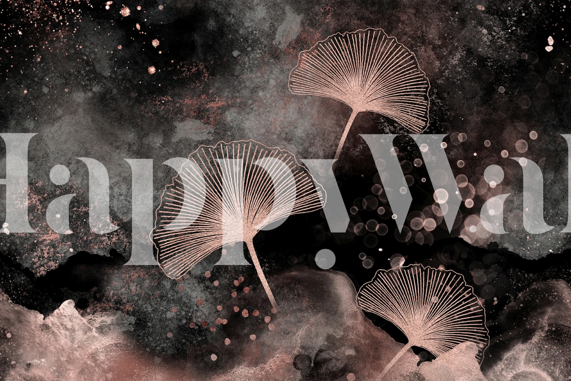 Ginkgo leaves with rose gold outlines on a dark abstract background wallpaper