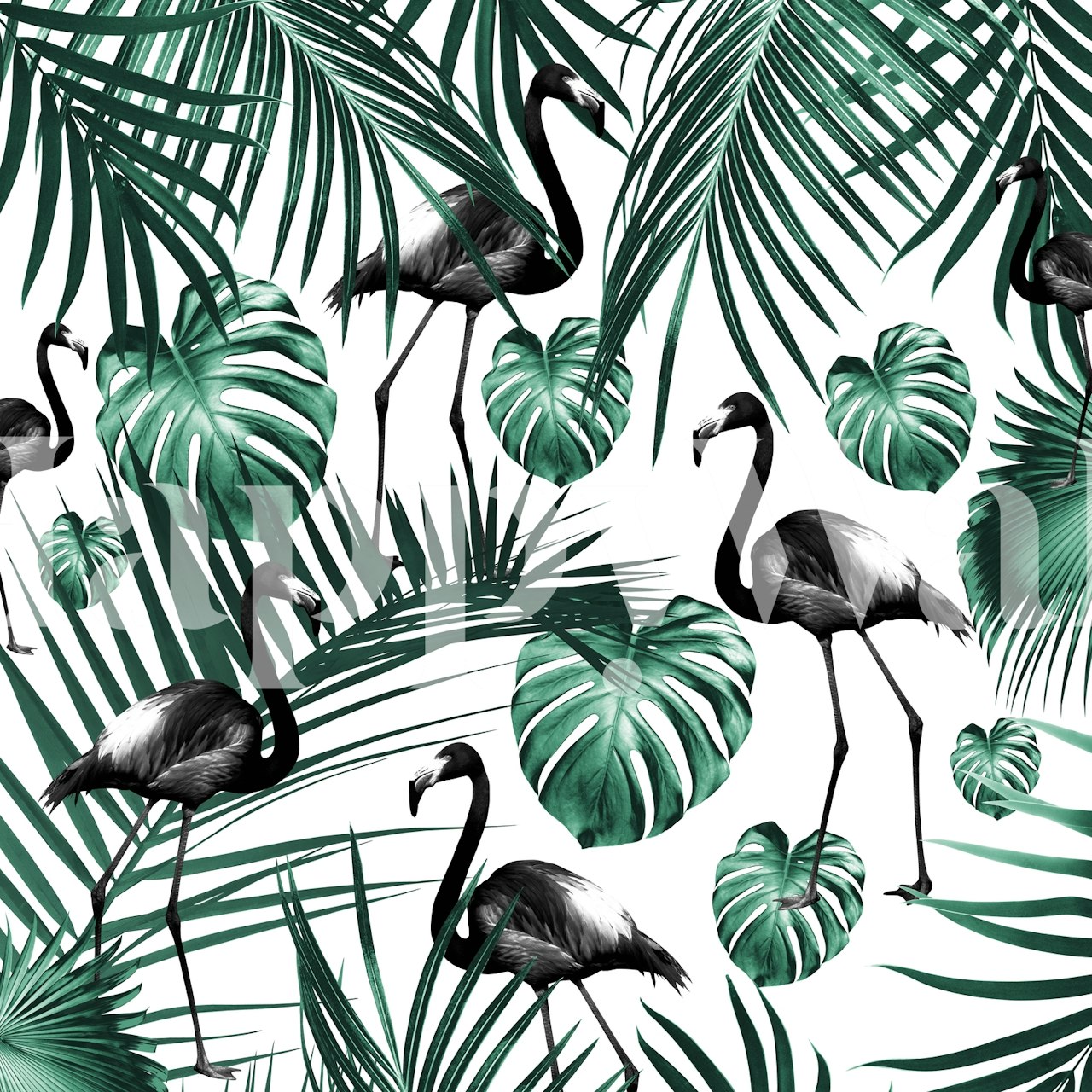 Tropical wallpaper featuring black flamingos and green palm leaves