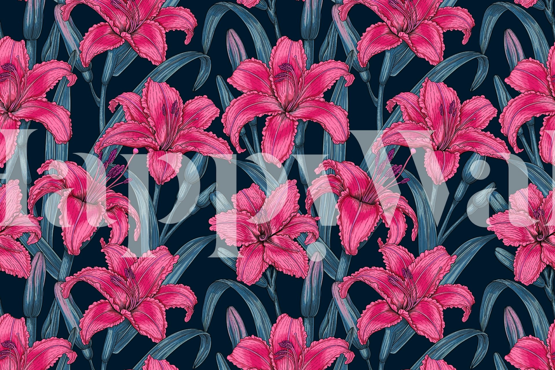 Pink lily flowers wallpaper in a room