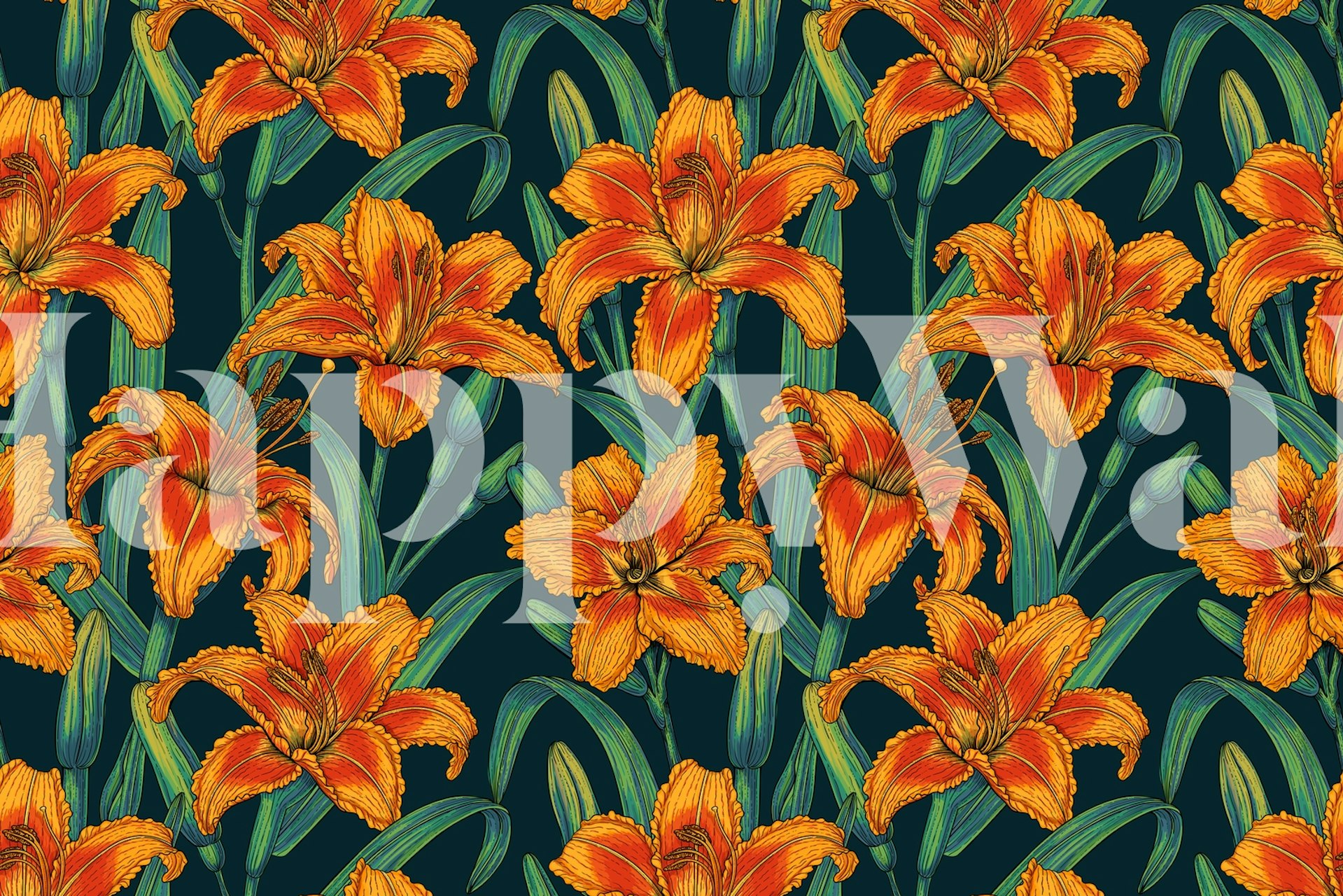 Orange lilies with green leaves on dark blue wallpaper