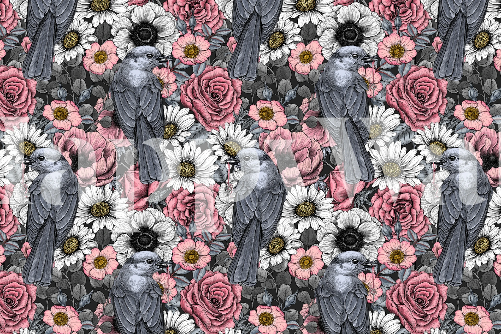 Gray jays and flowers tapet i et rum