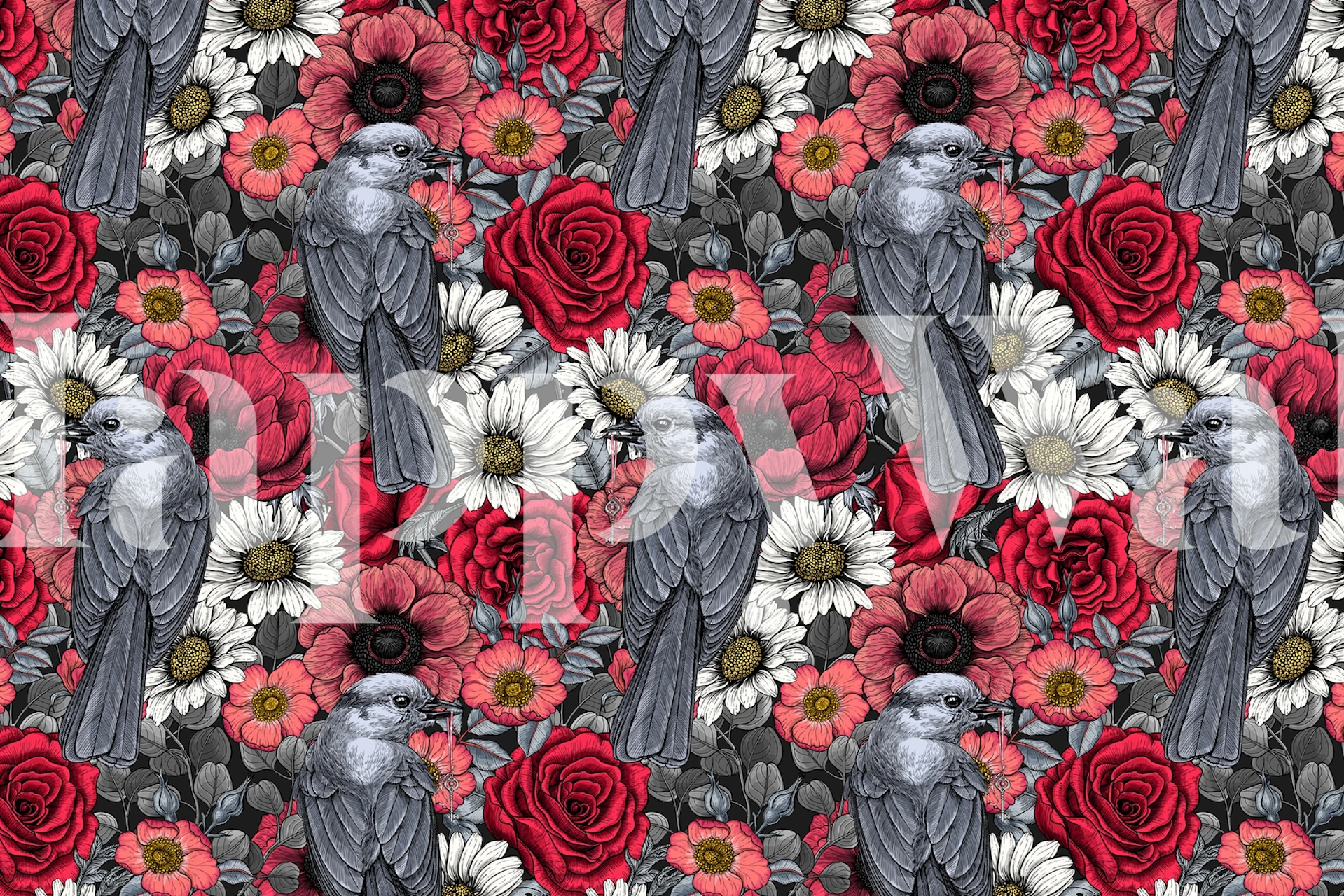 Gray jays perched on colorful roses and daisies wallpaper