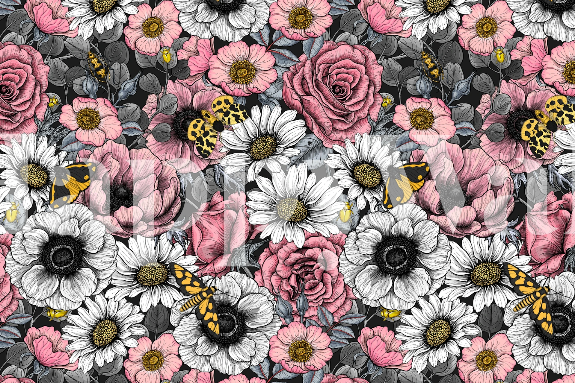 Moths on flower mix wallpaper in a room