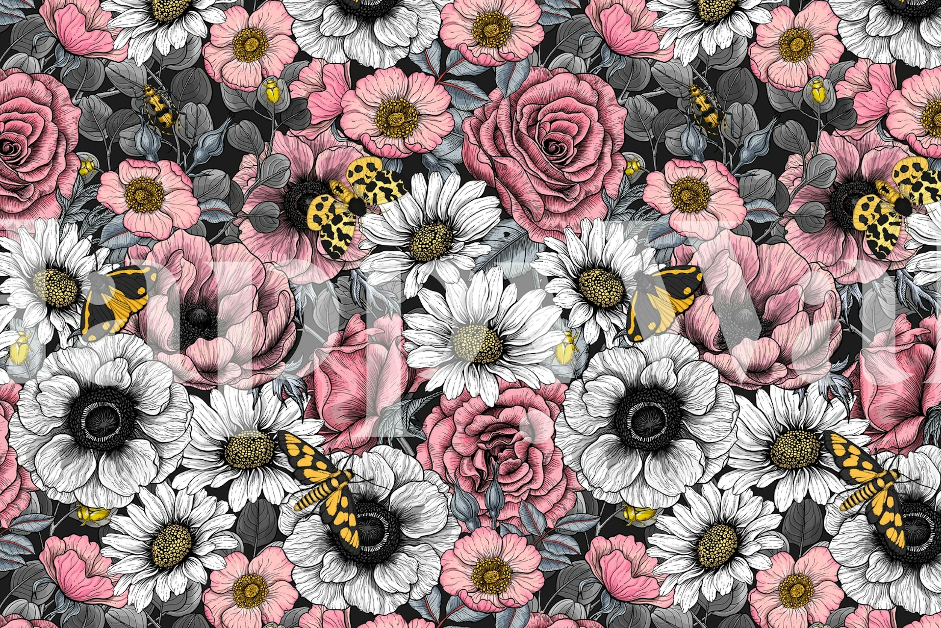 Moths on flower mix wallpaper in a room