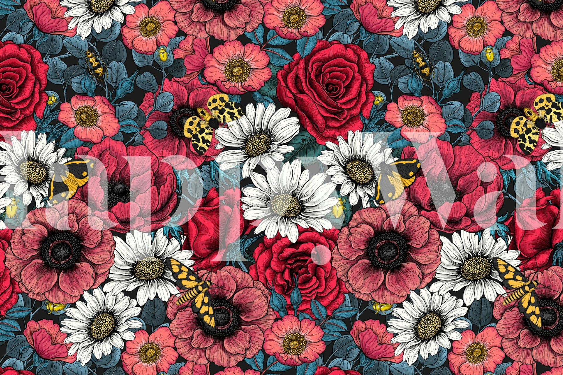 Red and white floral motifs with colorful moths wallpaper