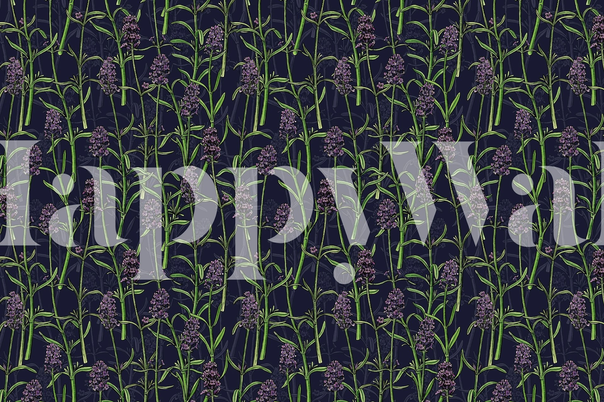 Lavender wall mural with dark background and green accents