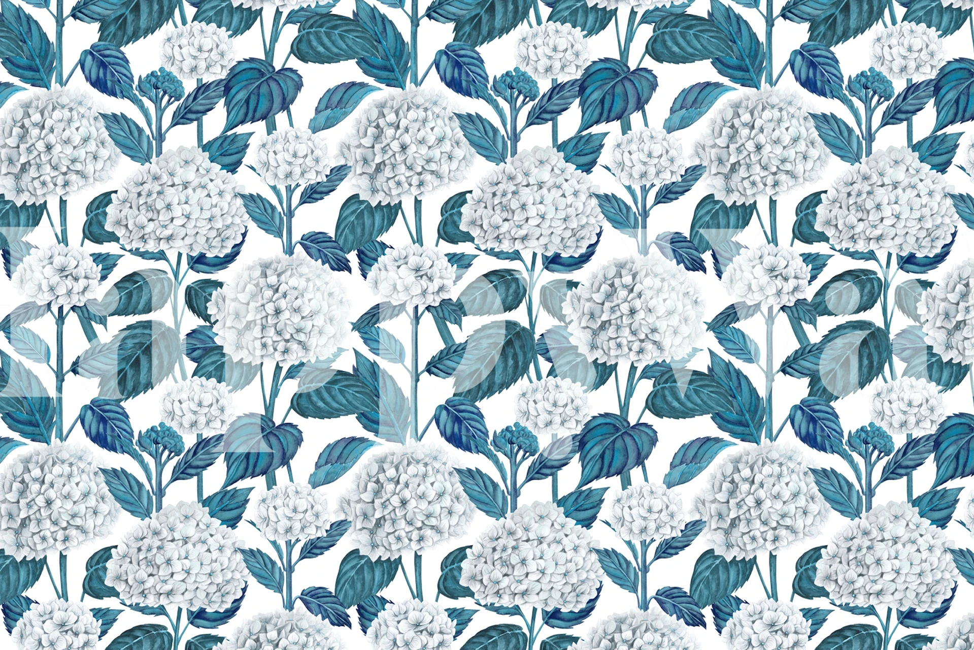 White hydrangea watercolor wallpaper in a room