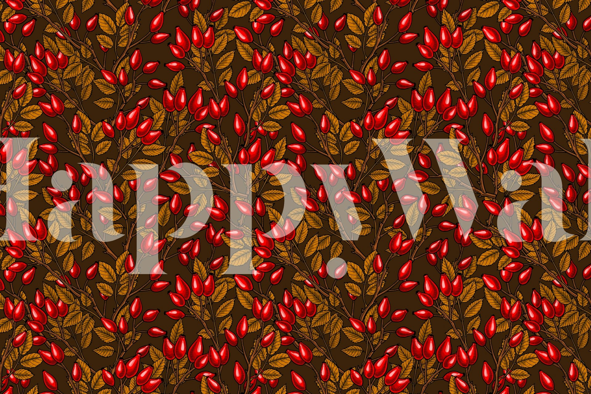 Rose hips padrão de papel de parede em um quarto