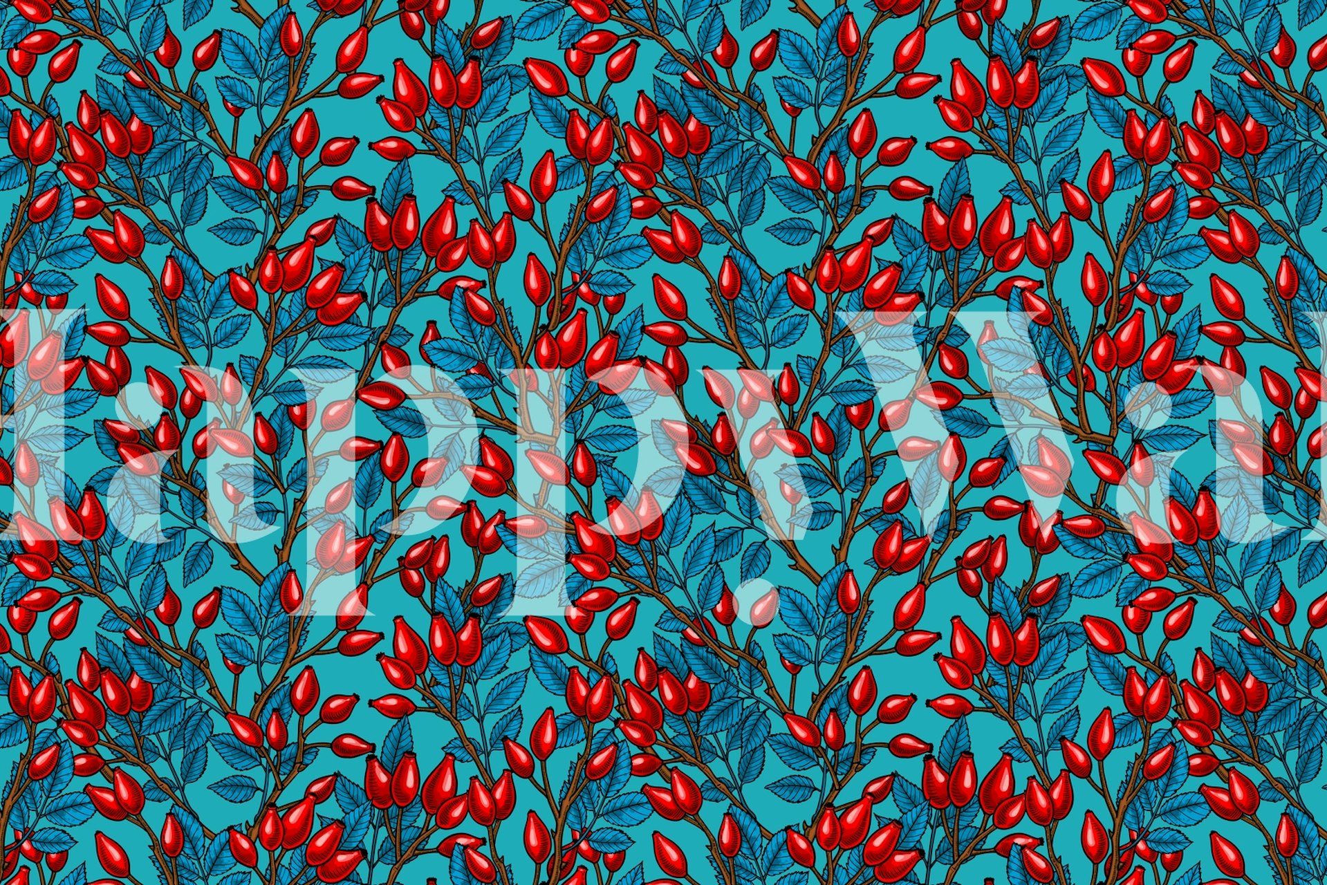 Red rose hips with green leaves on a blue background wallpaper