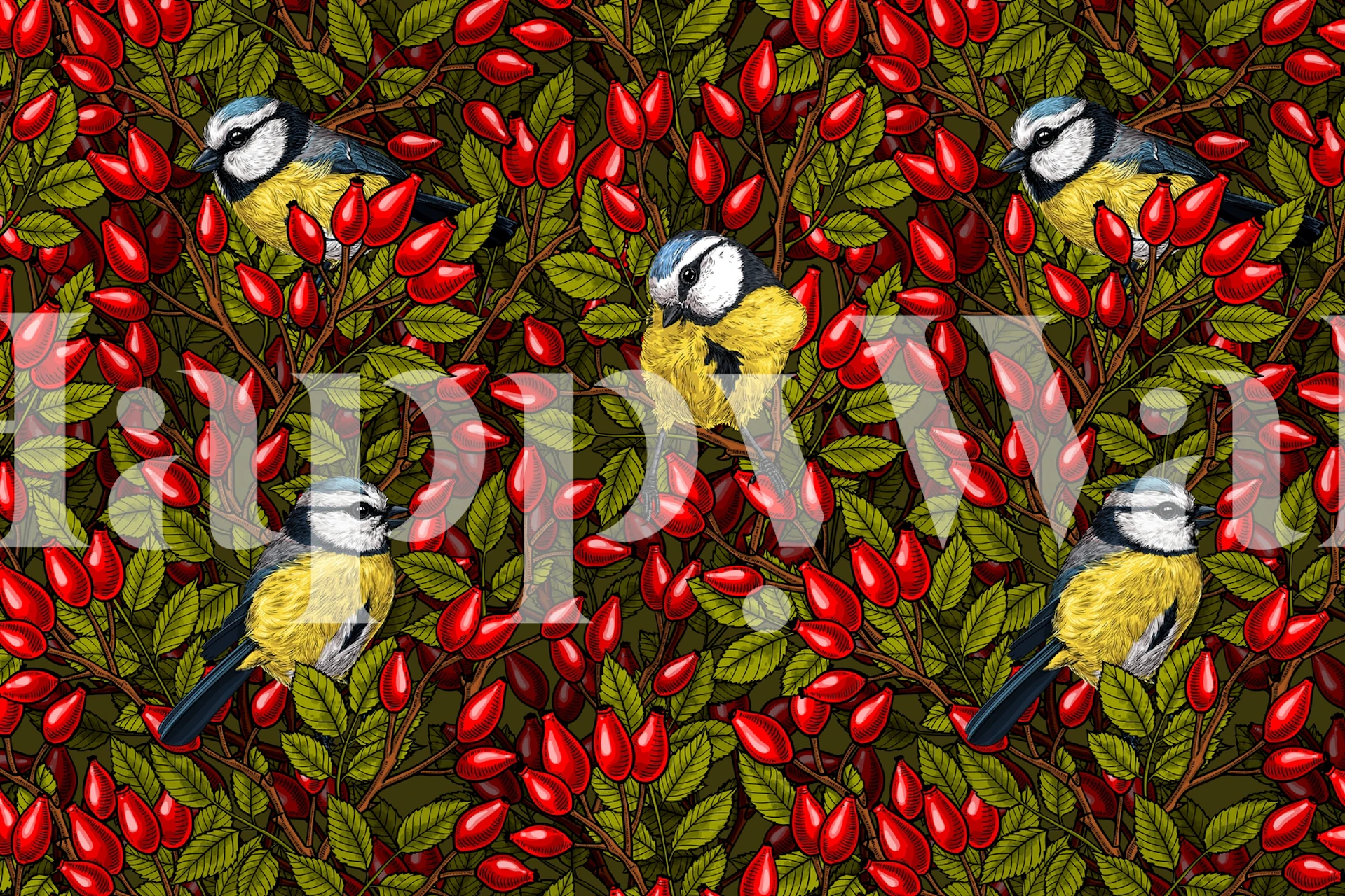 Birds and dog rose hips with colorful red berries and green leaves wallpaper