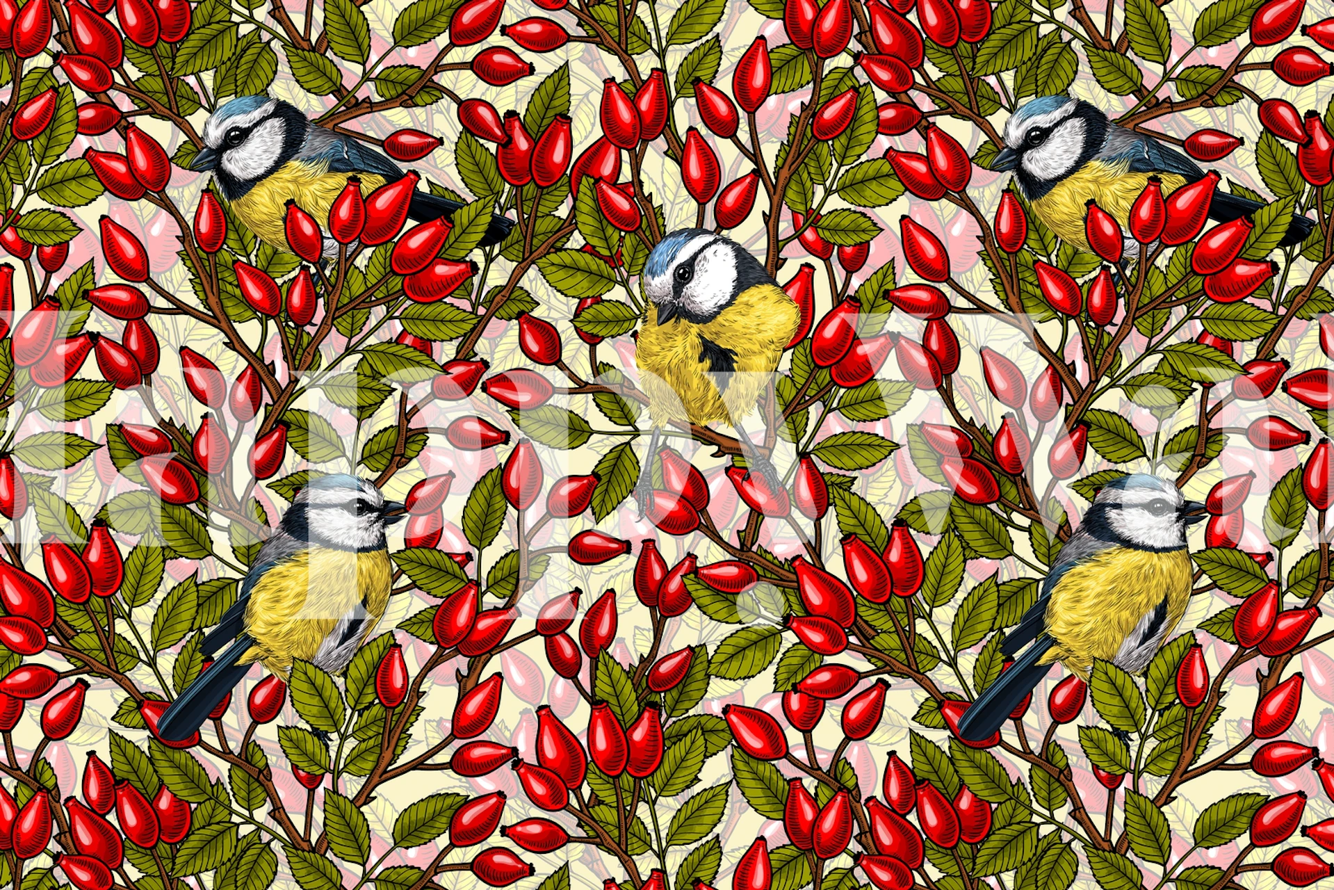 Birds and dog rose hips tapet i et rum
