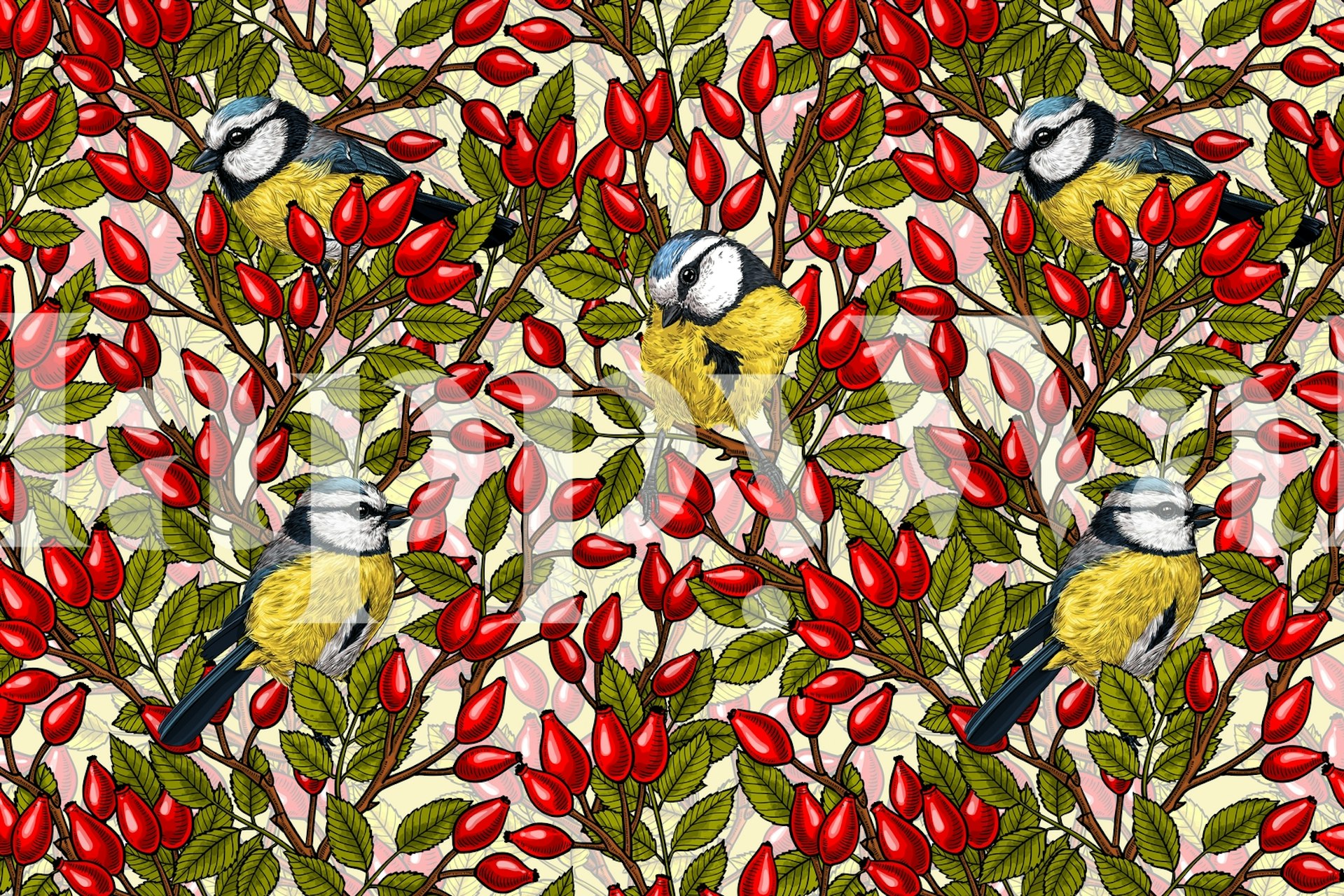 Birds and dog rose hips wallpaper in a room