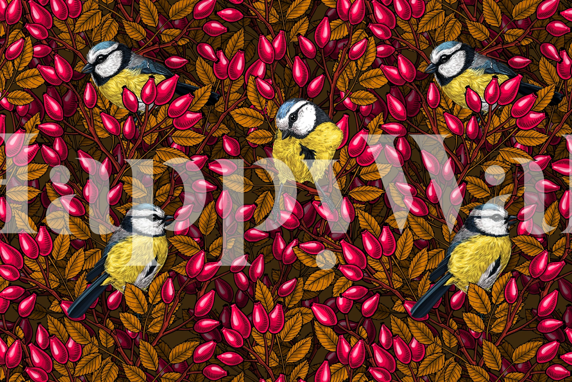 Blue birds and pink dog rose hips on dark background wallpaper