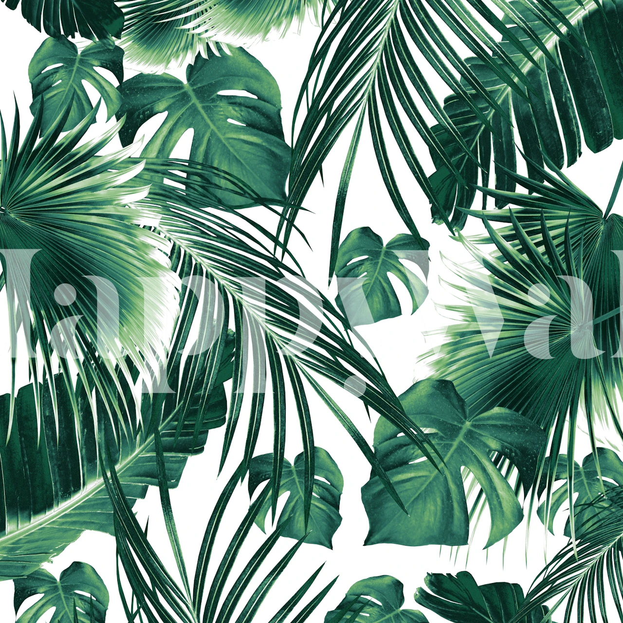 Et frodigt vægmaleri med et tæt mønster af tropiske jungleblade i grønne nuancer