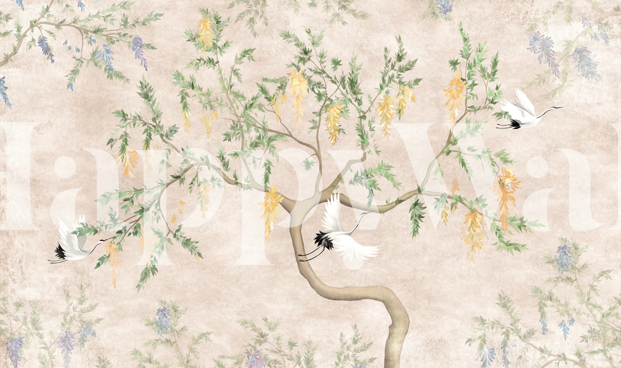 Cranes and floral design with soft colors on wallpaper