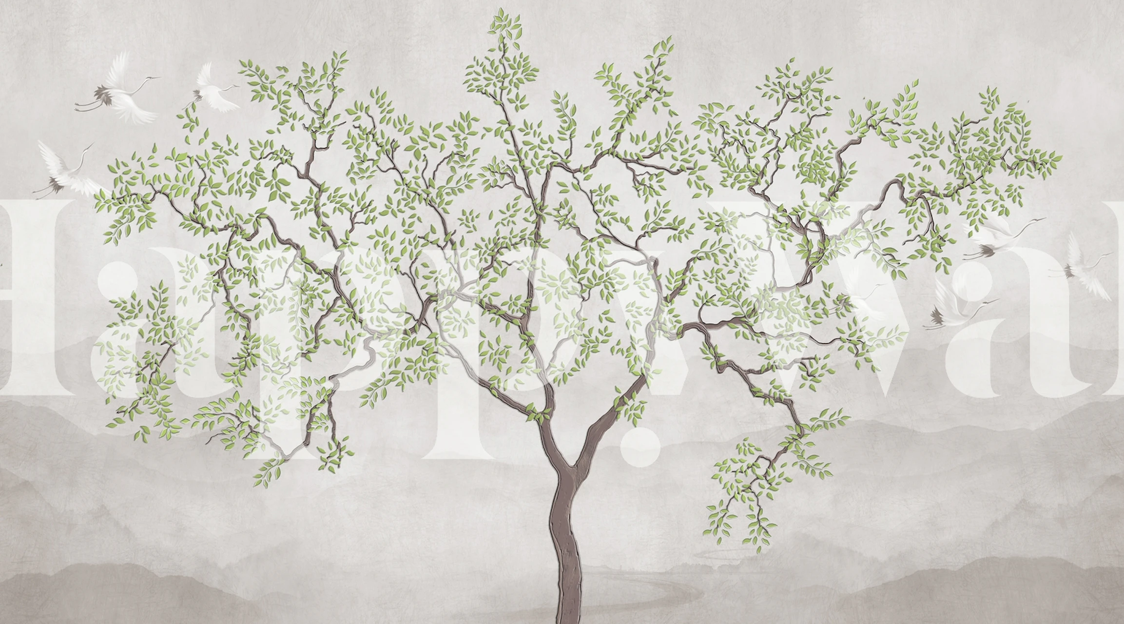 Elegant tre med grønne blader og kraner på veggmaleriet