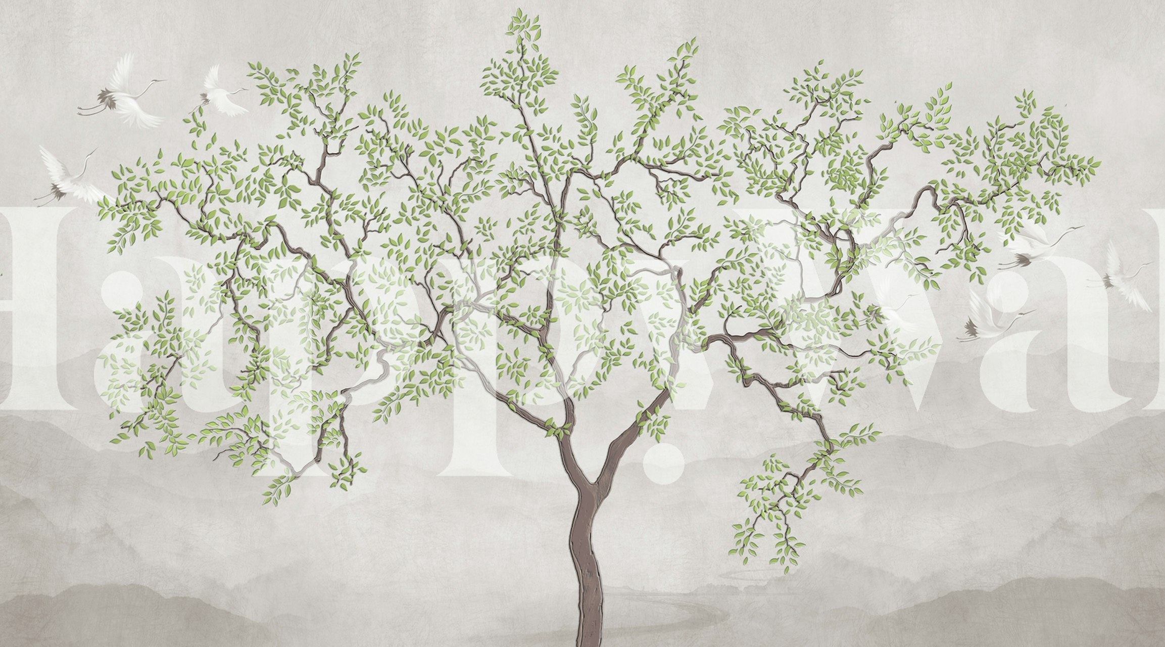 Tyylikäs puu vihreillä lehdillä ja nostureilla seinämaalauksella