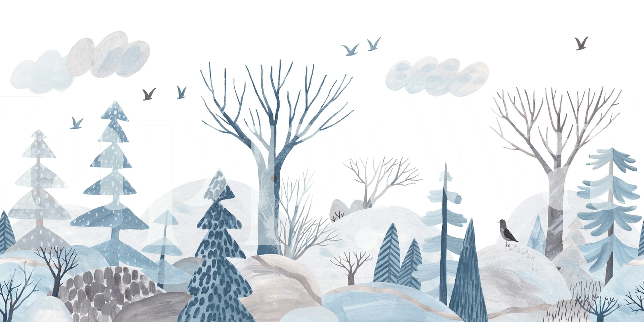 Winter landscape with blue trees and grey clouds wallpaper