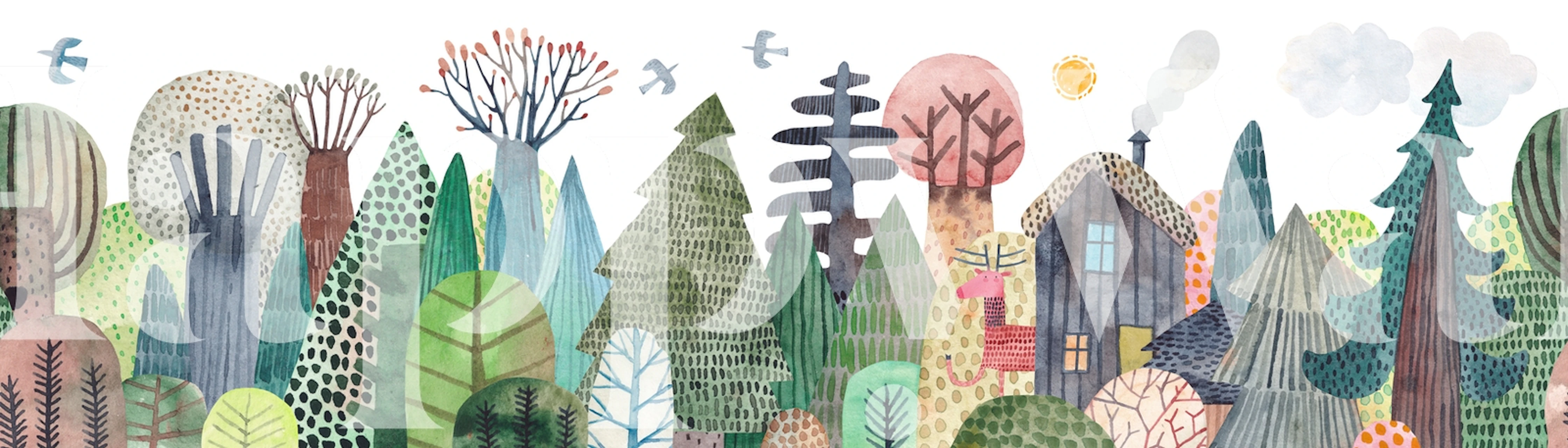 Colorful whimsical trees and wooden houses wallpaper