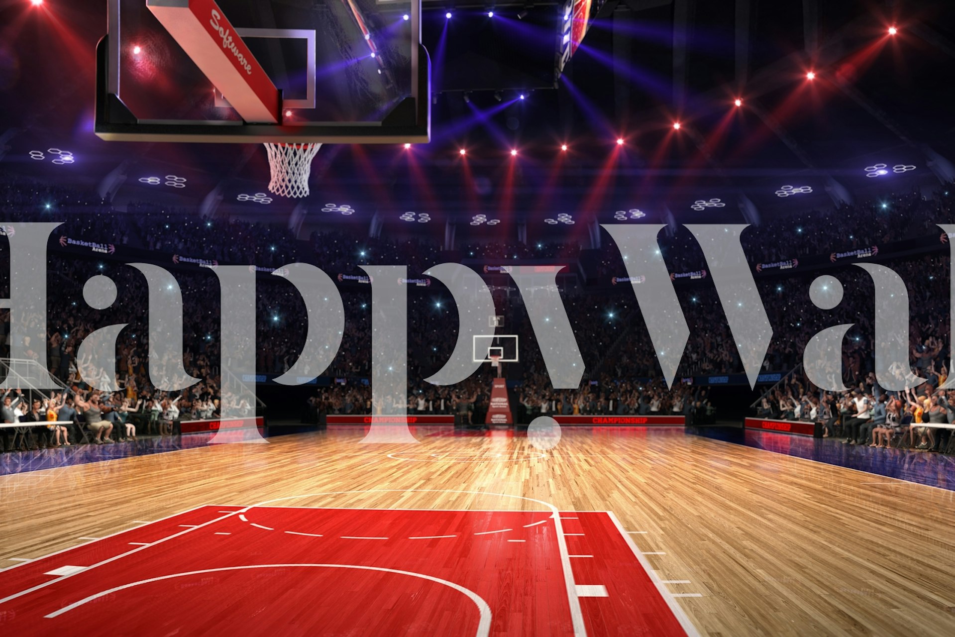 Basketball court with red lines, wooden floor, and hoop wallpaper