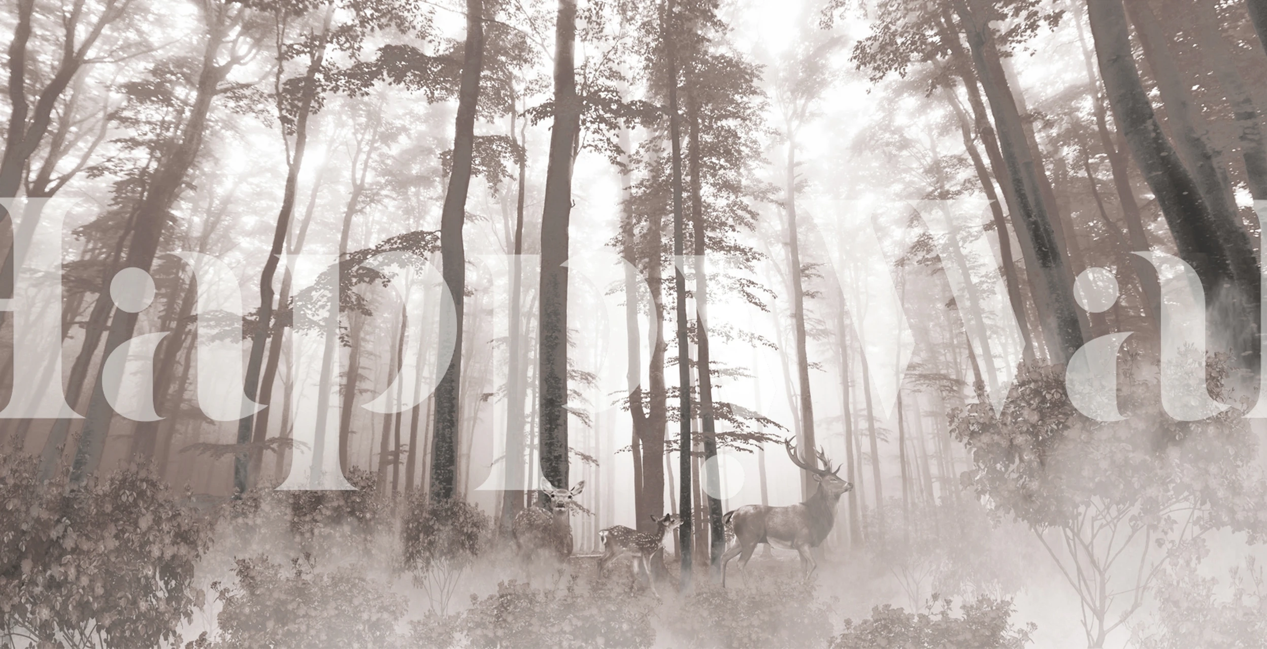 Deer and trees in misty forest setting wallpaper