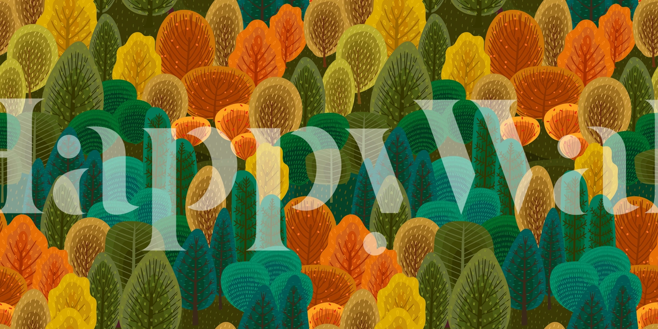 Colorful forest wallpaper with various green and orange trees in botanical style