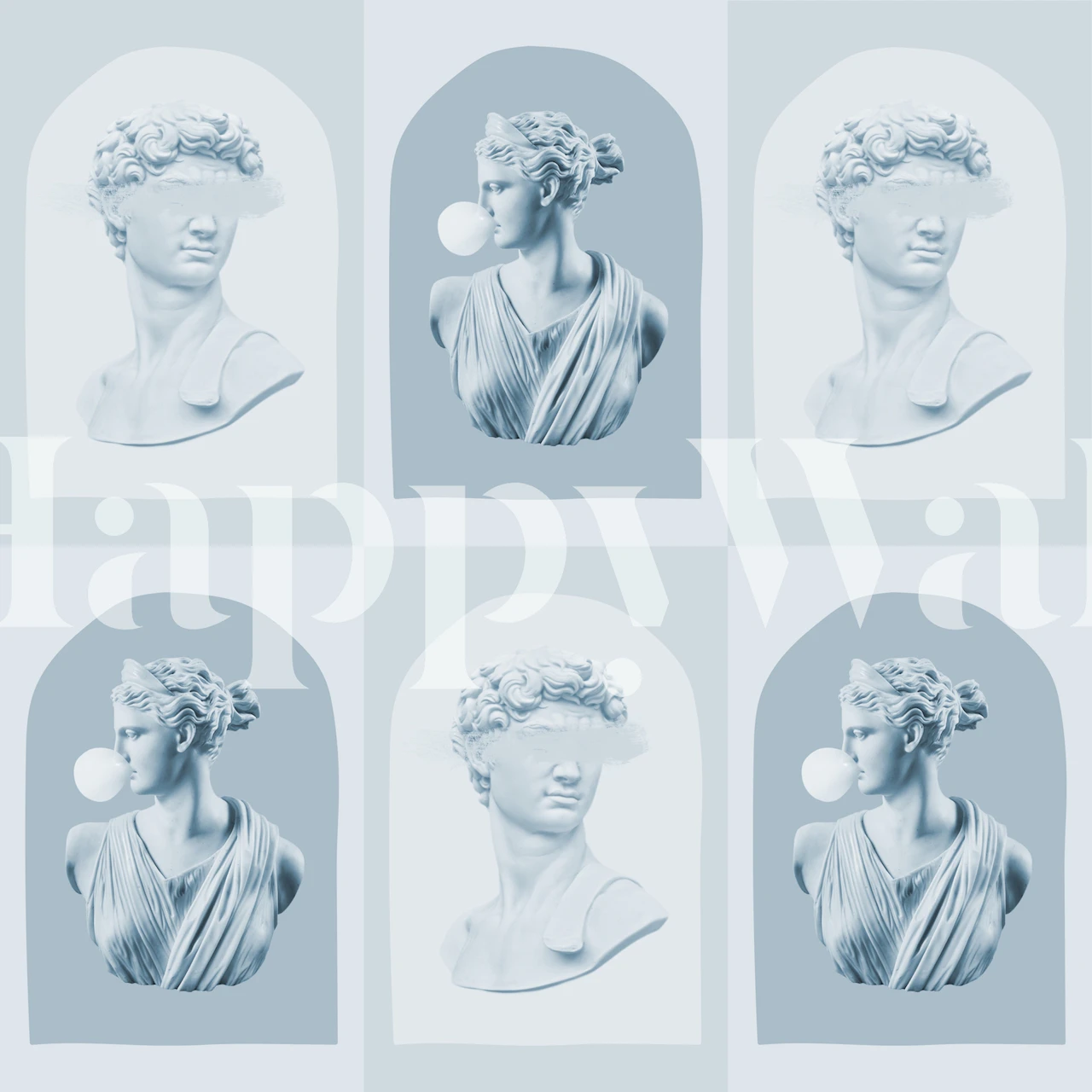 Blue David and Artemis wallpaper displayed in a room