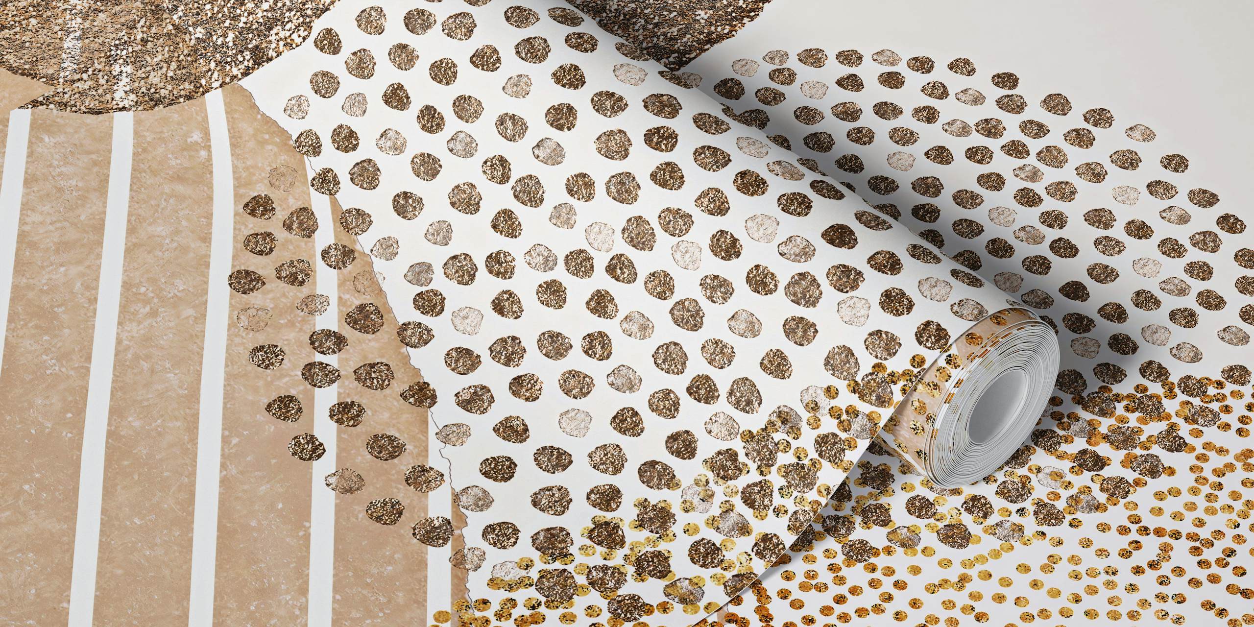 Neutral organic circle patterns in beige, black, and gold structured wallpaper