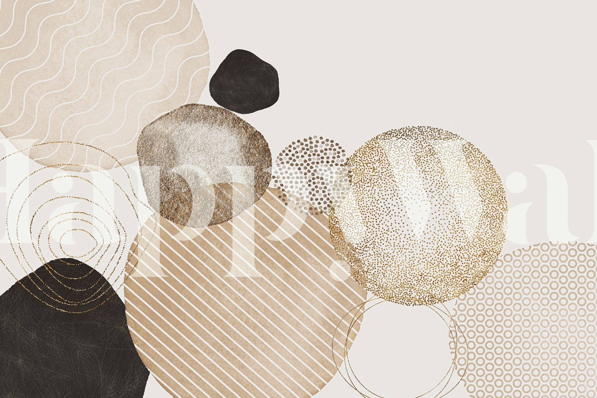 Neutral organic circle patterns in beige, black, and gold structured wallpaper