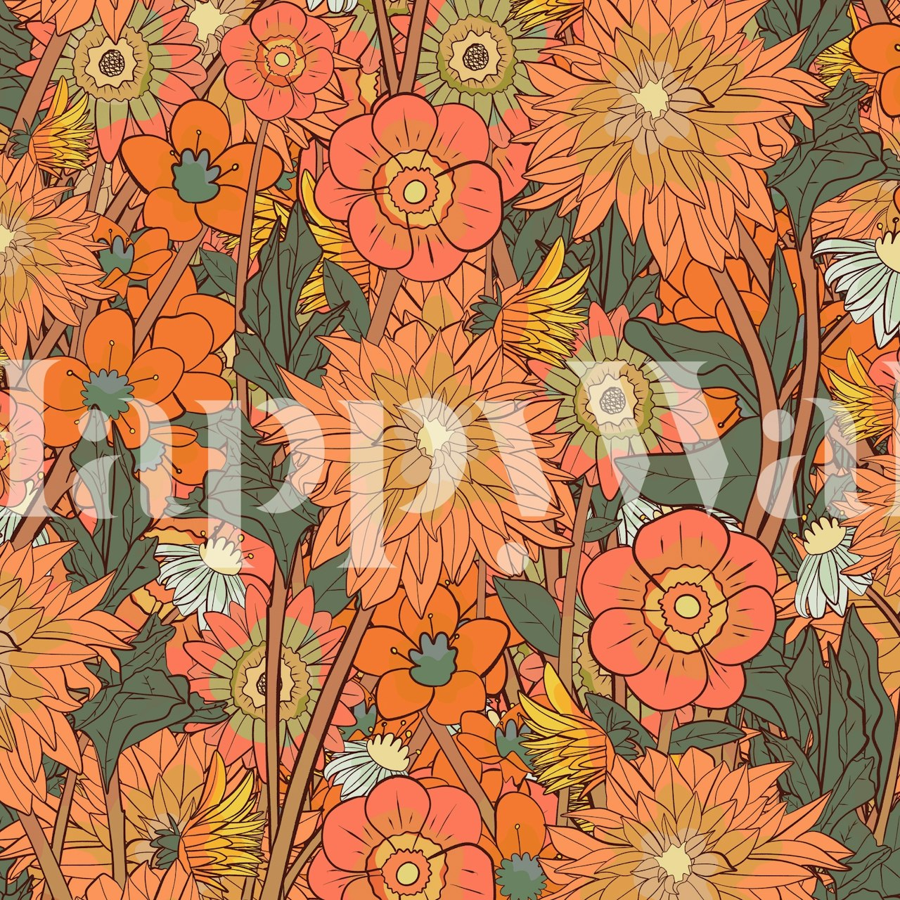 Carta da parati raffigurante un campo fiorito con fiori gialli e arancioni e foglie verdi.