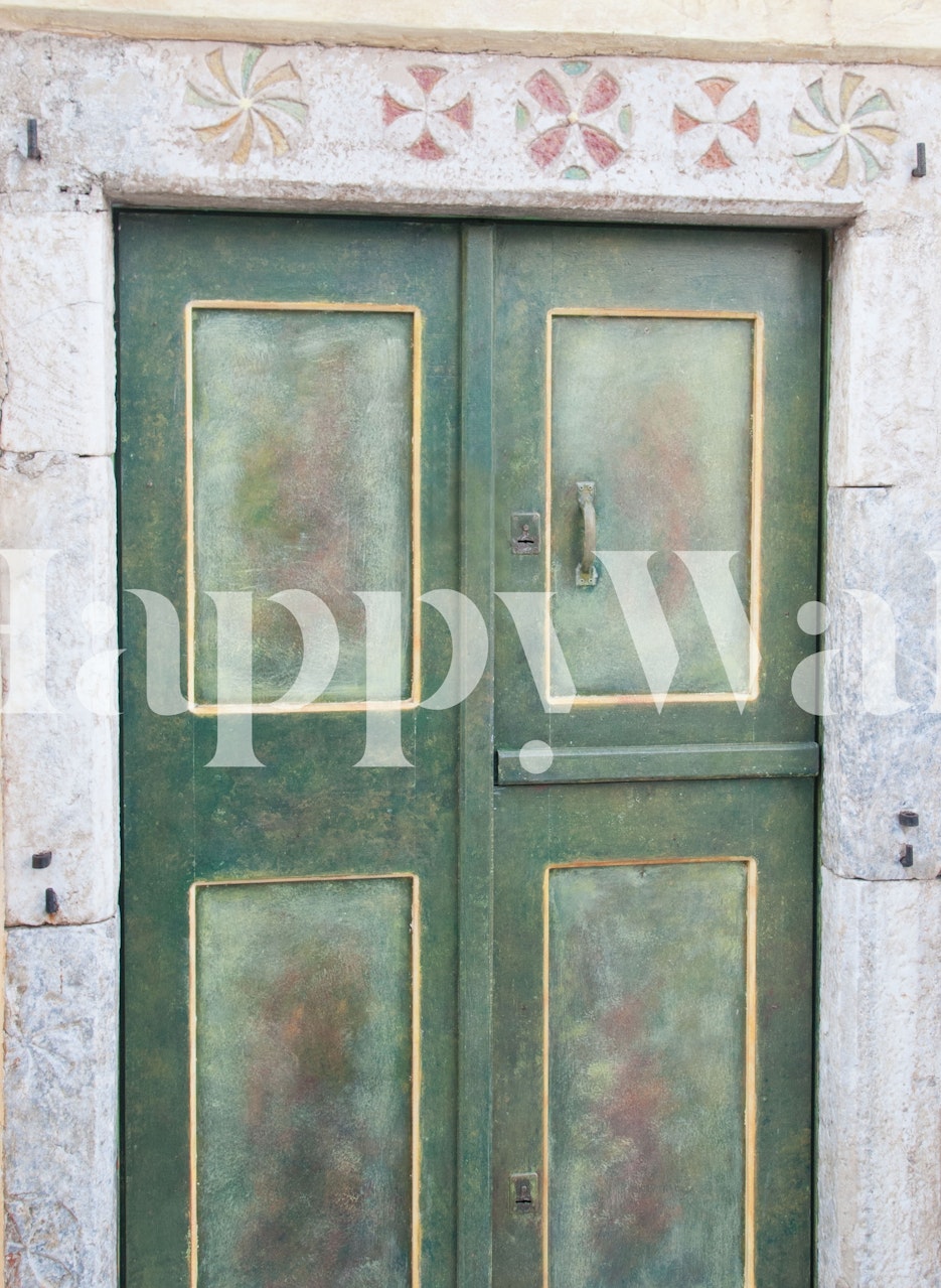 Green door wallpaper inspired by Santorini Oia