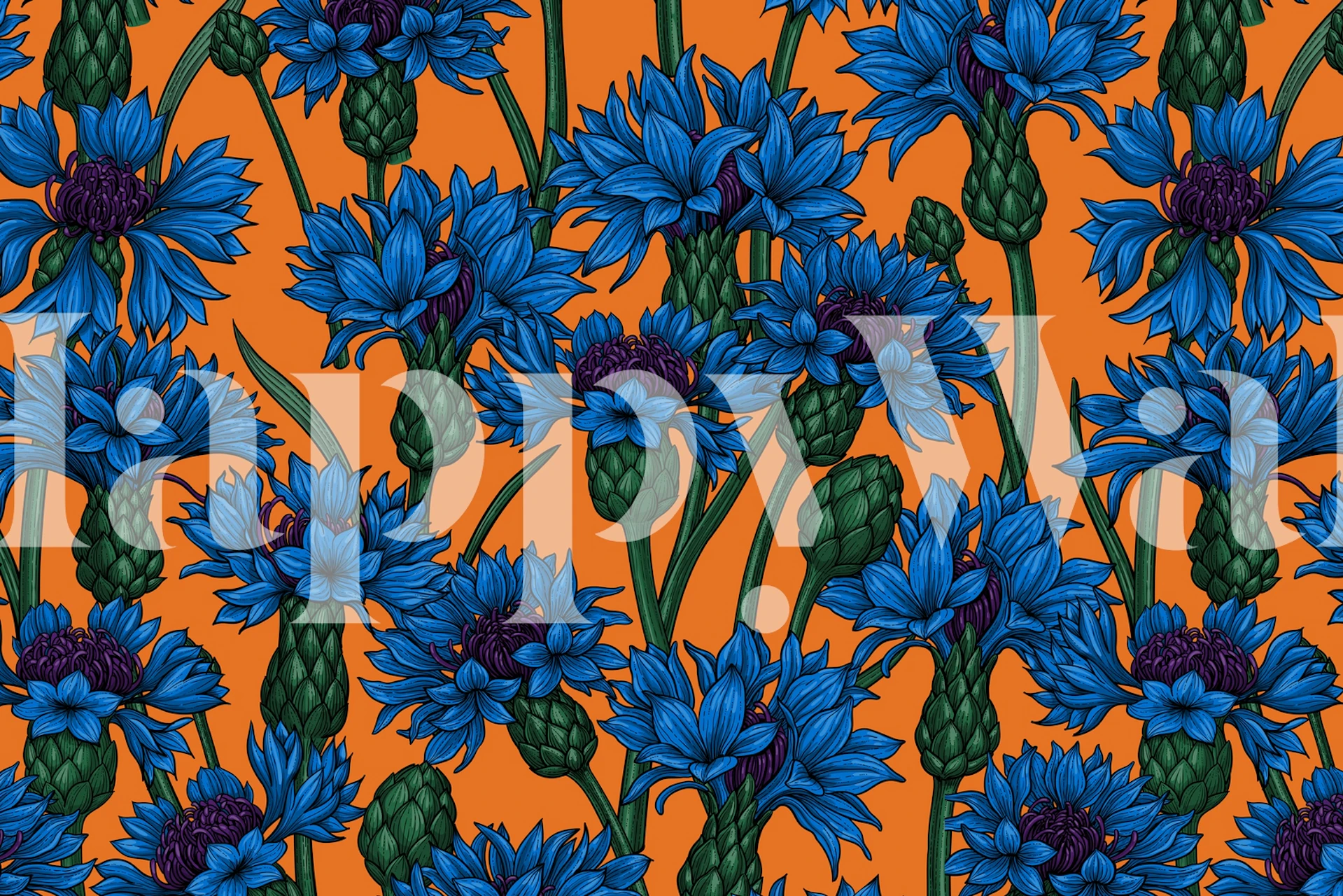 Blå kornblomster på et oransje bakgrunnsveggmaleri