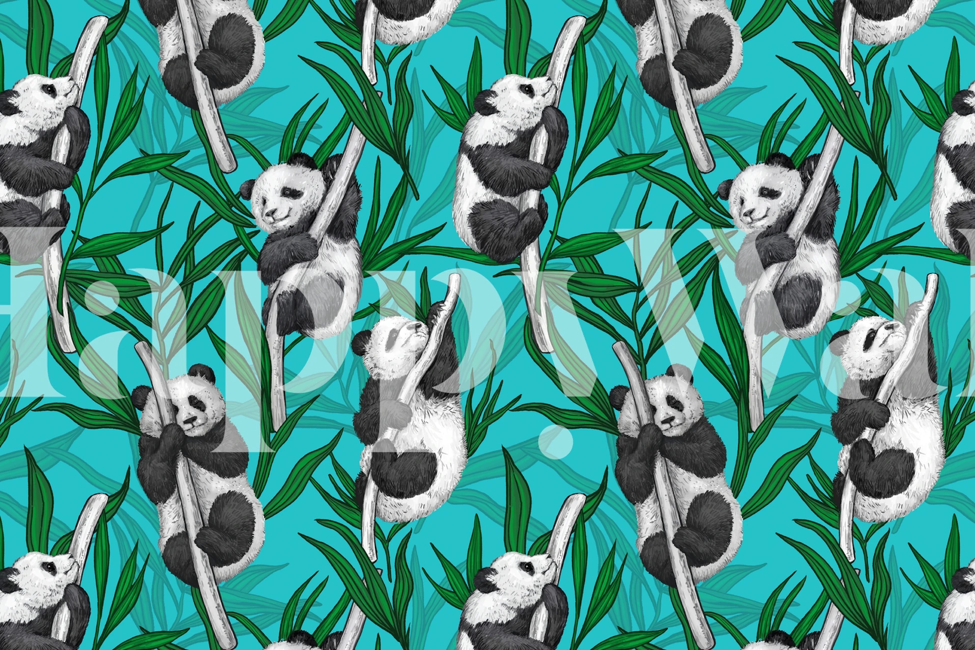 Panda cubs playing in greenery on turquoise wall mural
