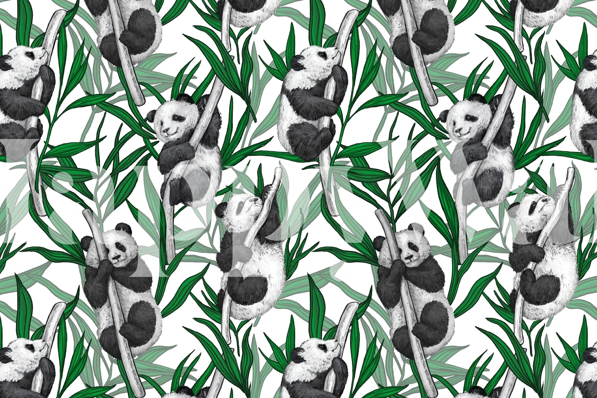 Panda cubs playing among bamboo leaves in a green and white wallpaper