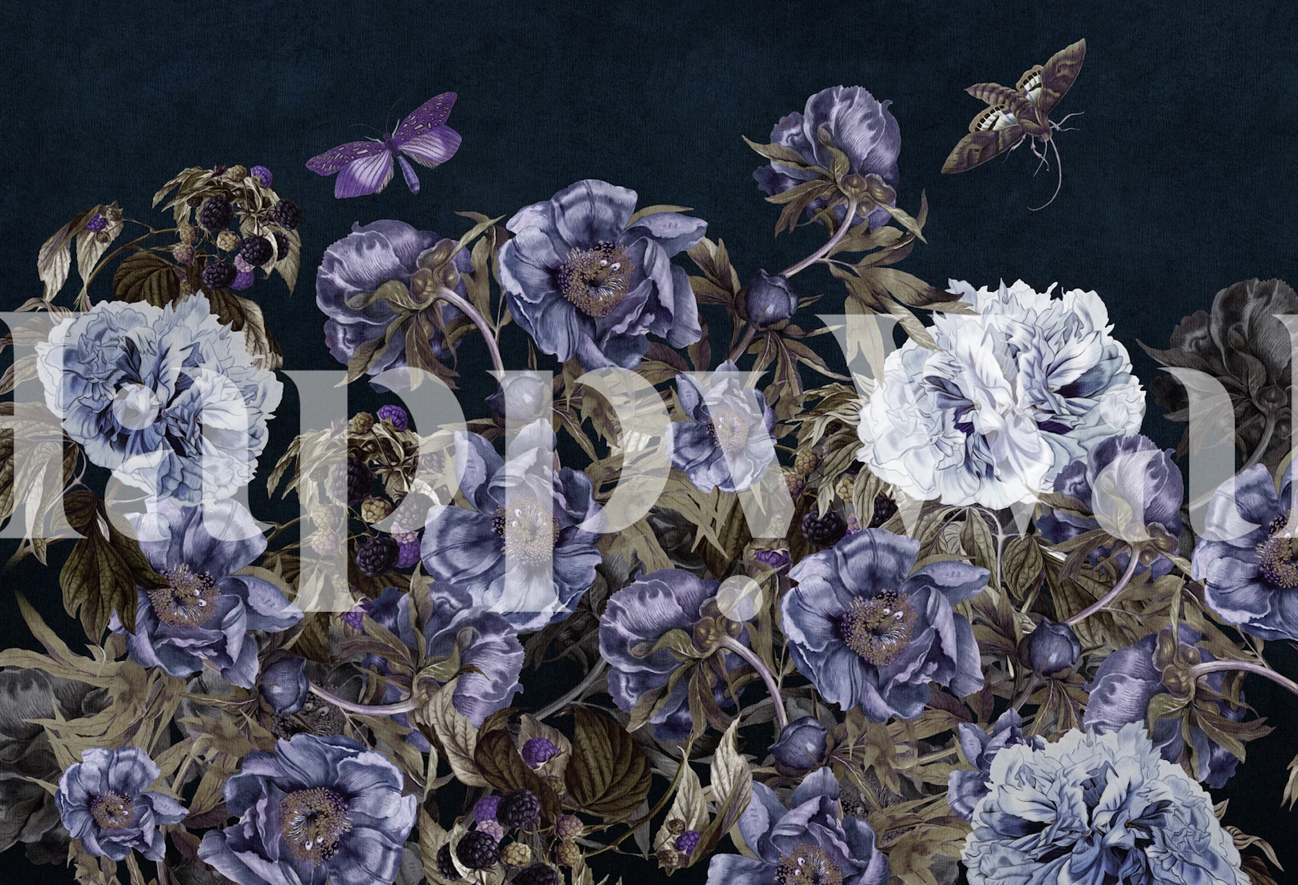 Blooming Night Flowers wall mural with dark blue and violet floral design