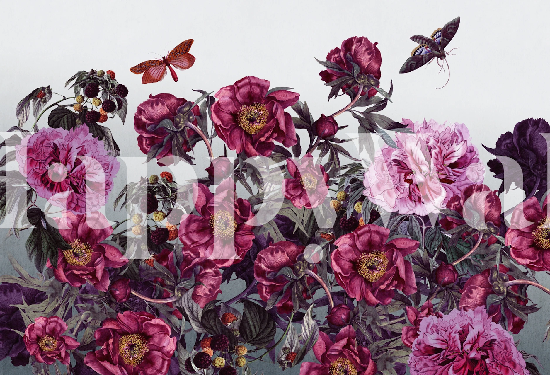 Seinämaalaus, jossa on erilaisia vaaleanpunaisia ja violetteja pionikukkia, vihreitä lehtiä ja perhonen.