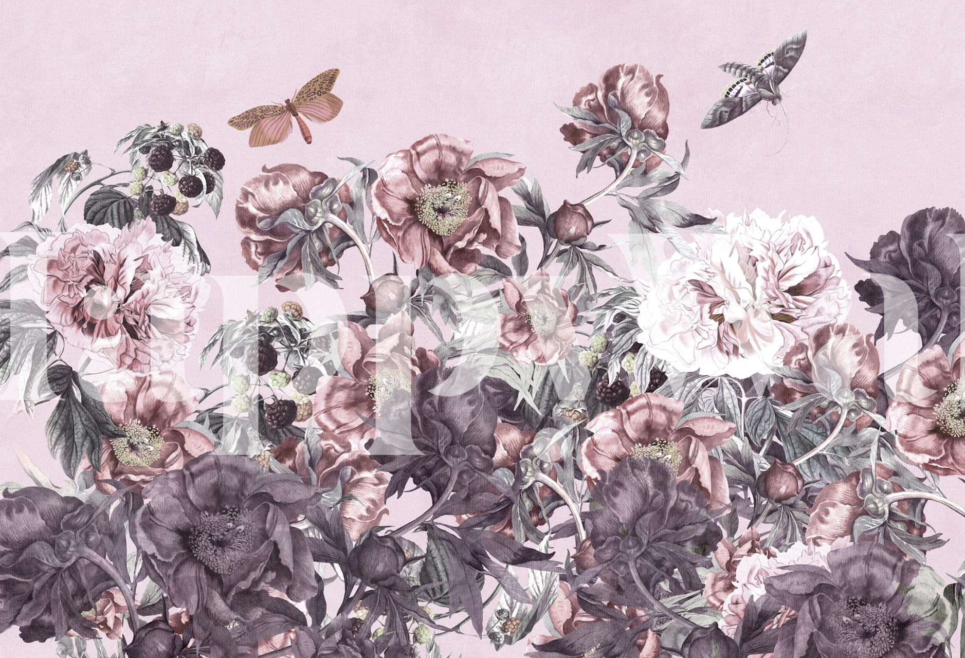 Peonies in soft pink, purple flowers, butterflies, floral wallpaper