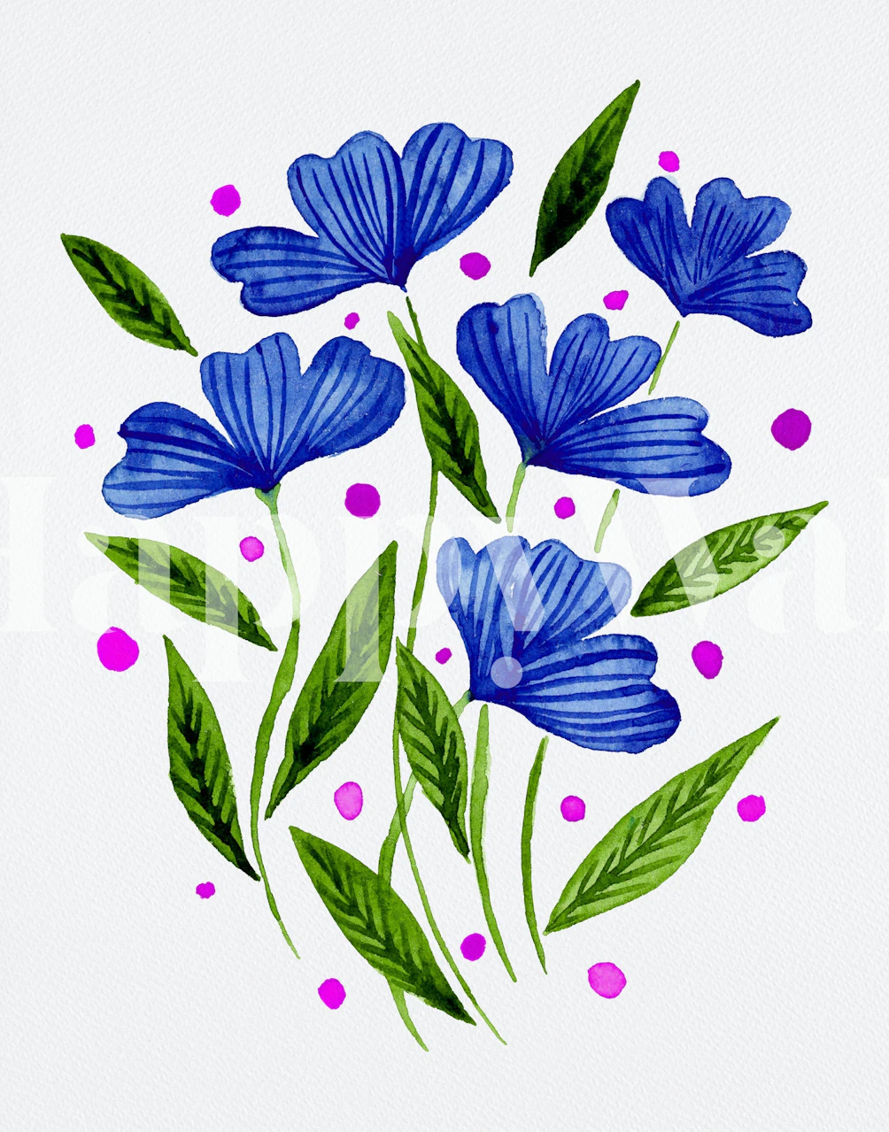Blue floral bouquet with green leaves and pink dots wallpaper