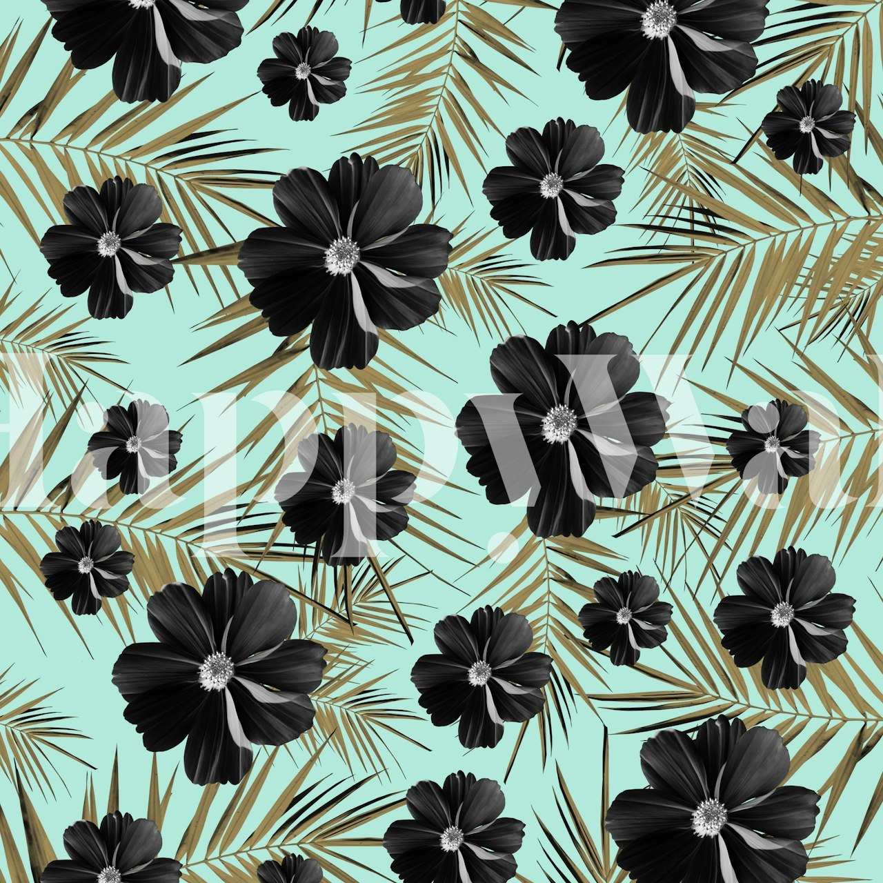 Black tropical flowers and golden palm fronds wall mural on aqua background