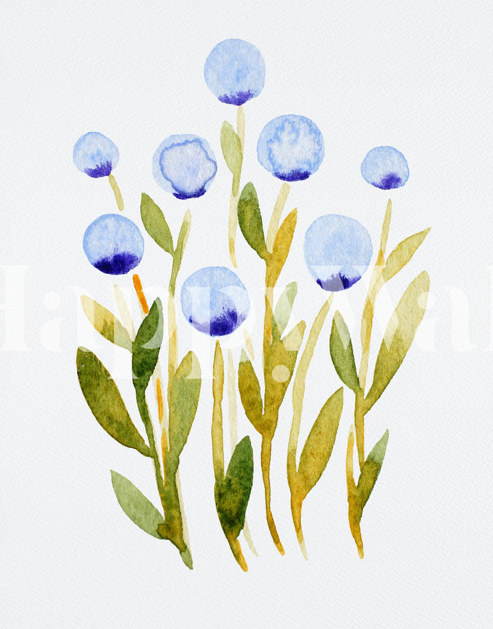 Watercolor blue flowers and green leaves on a white background wall mural