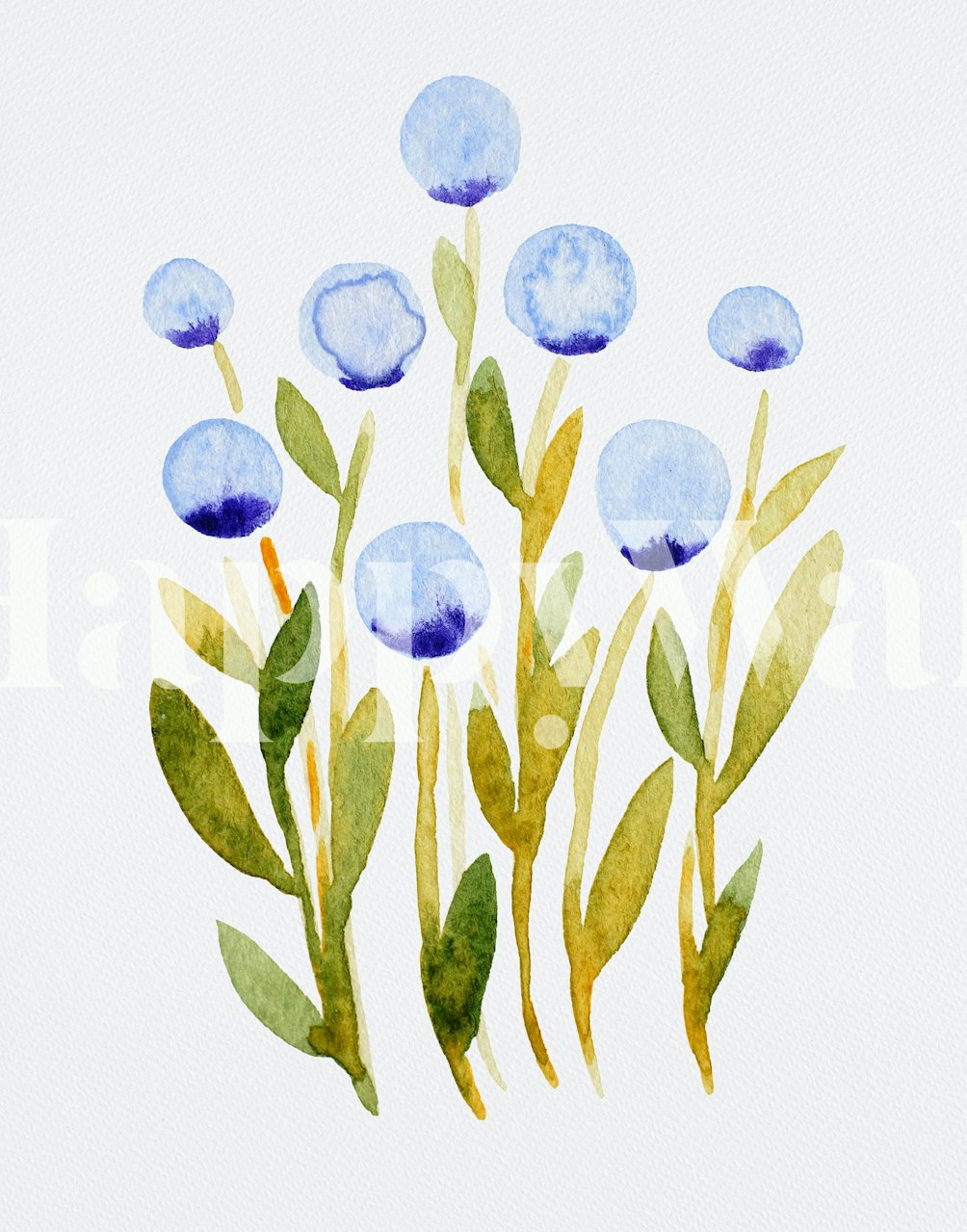 Watercolor blue flowers and green leaves on a white background wall mural