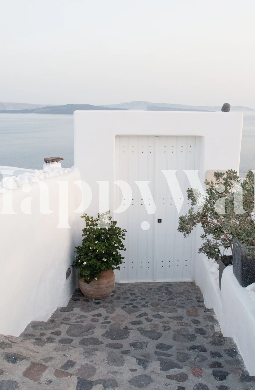 White door and stone steps with green plants wall mural