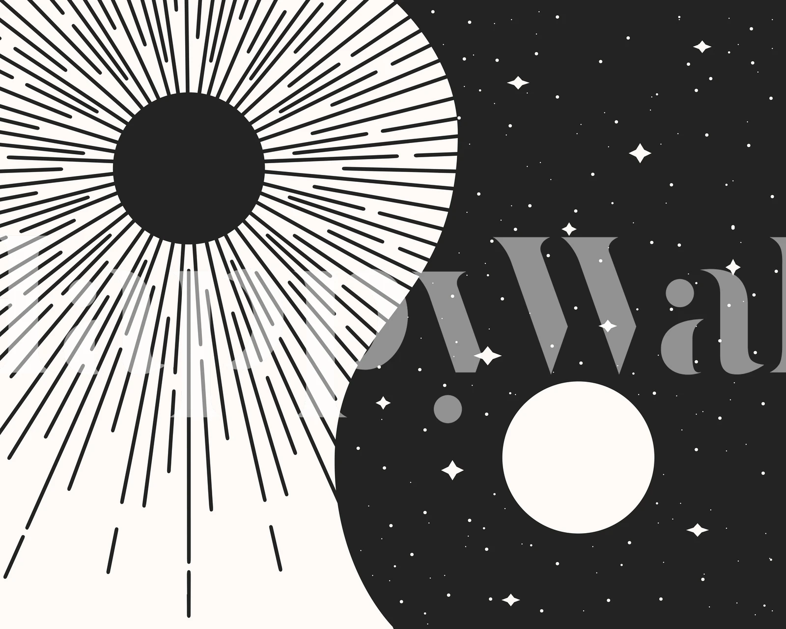 Yin Yang Schwarzes Sunburst und Mond mit Sternen Fototapete