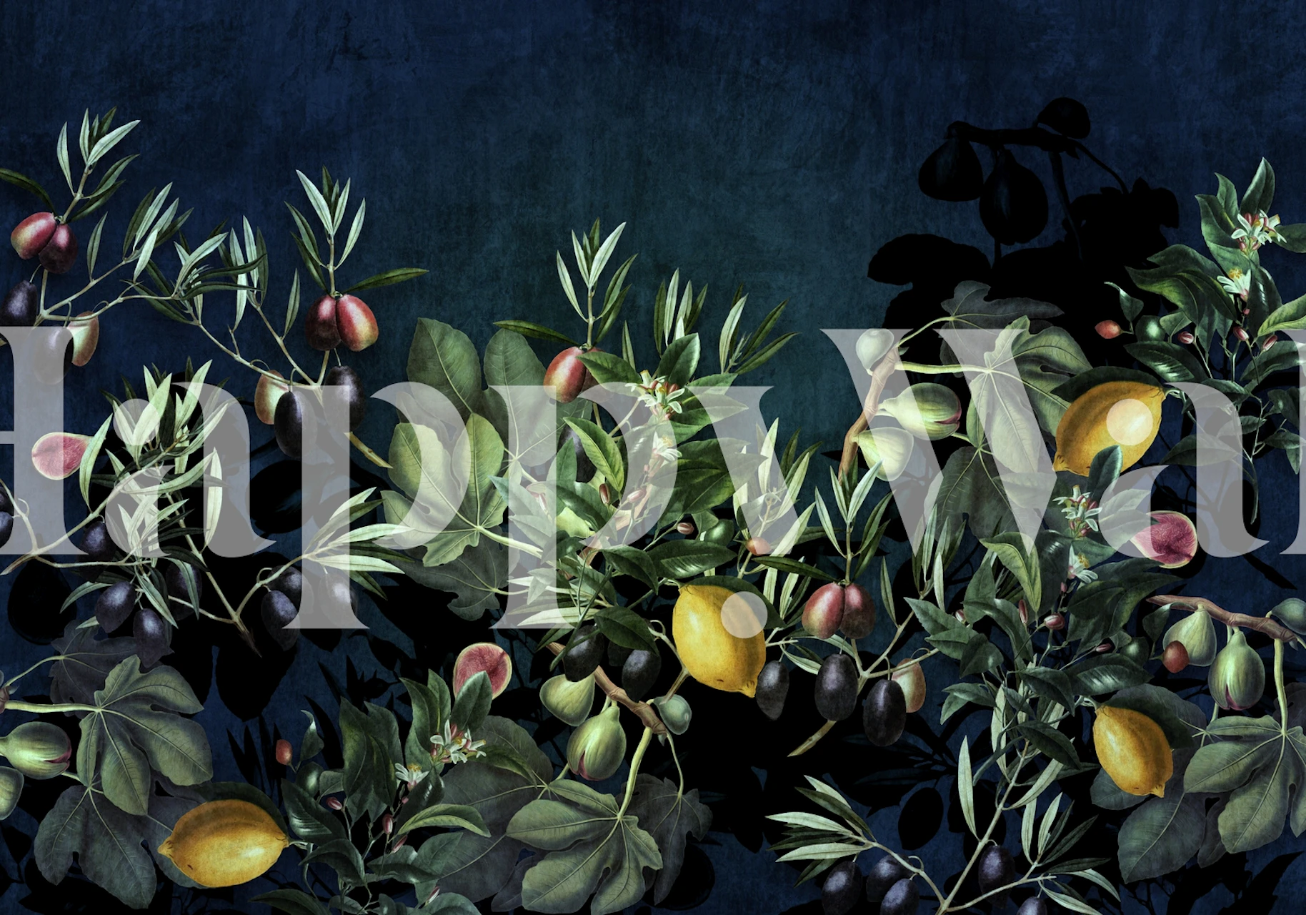 Foliage with olives and lemons on dark blue backdrop wallpaper
