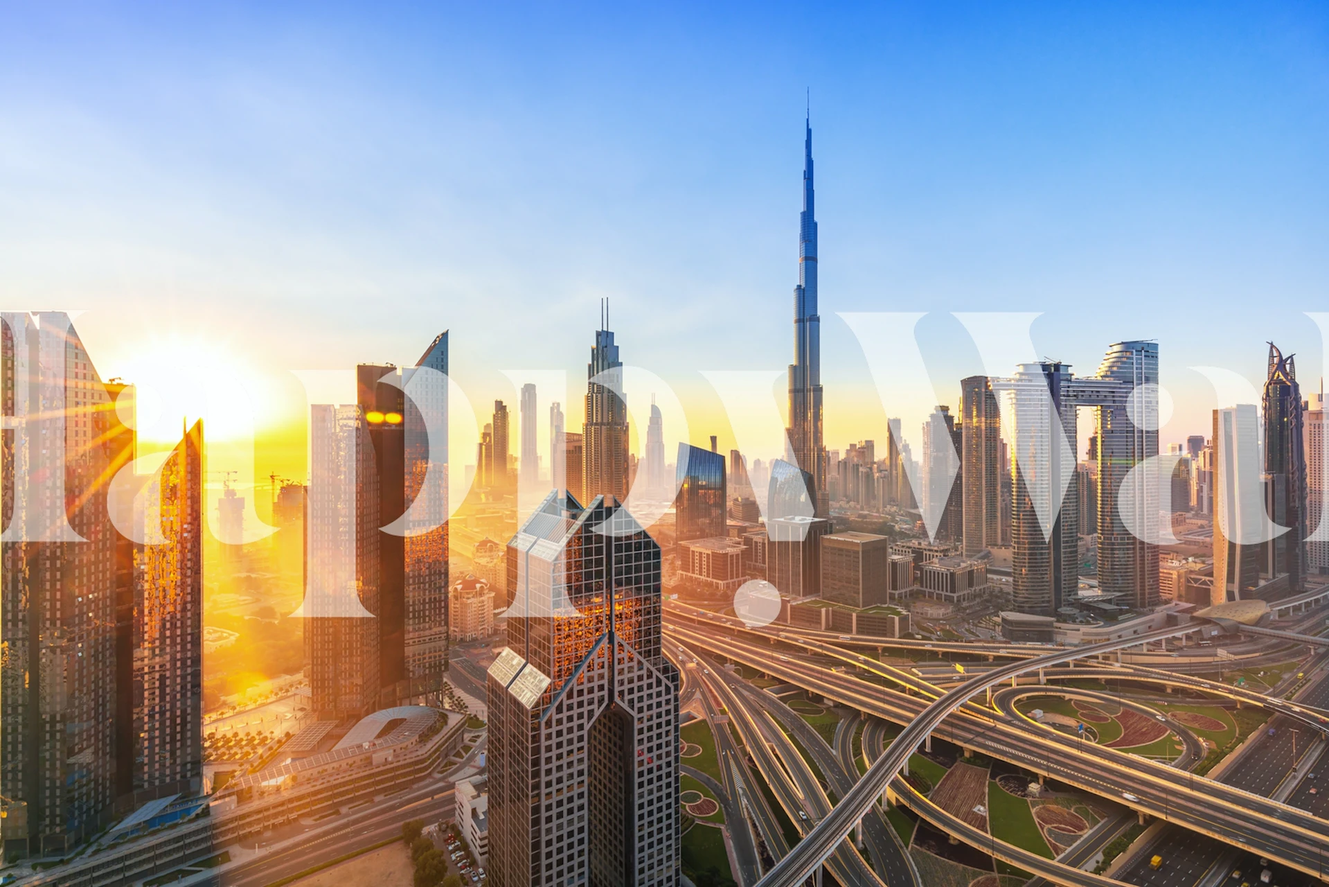 Dubai skyline wall mural with sunrise over city skyscrapers