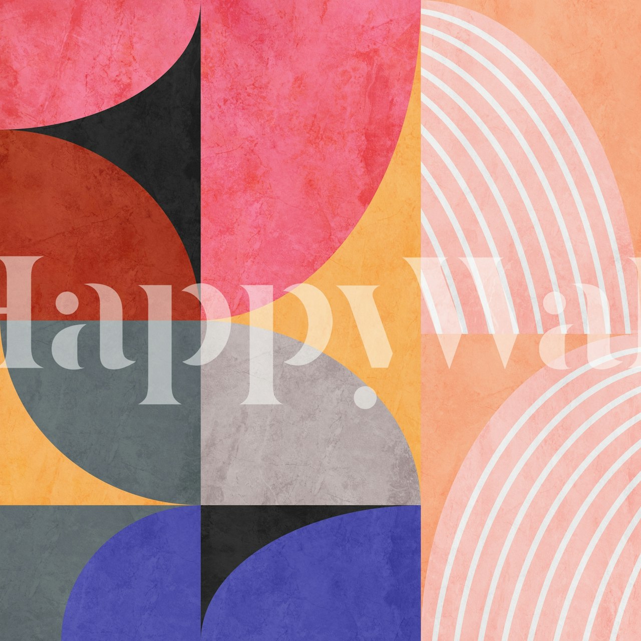 Colorful geometric semi circles wallpaper in shades of red, pink, gray, orange, and blue