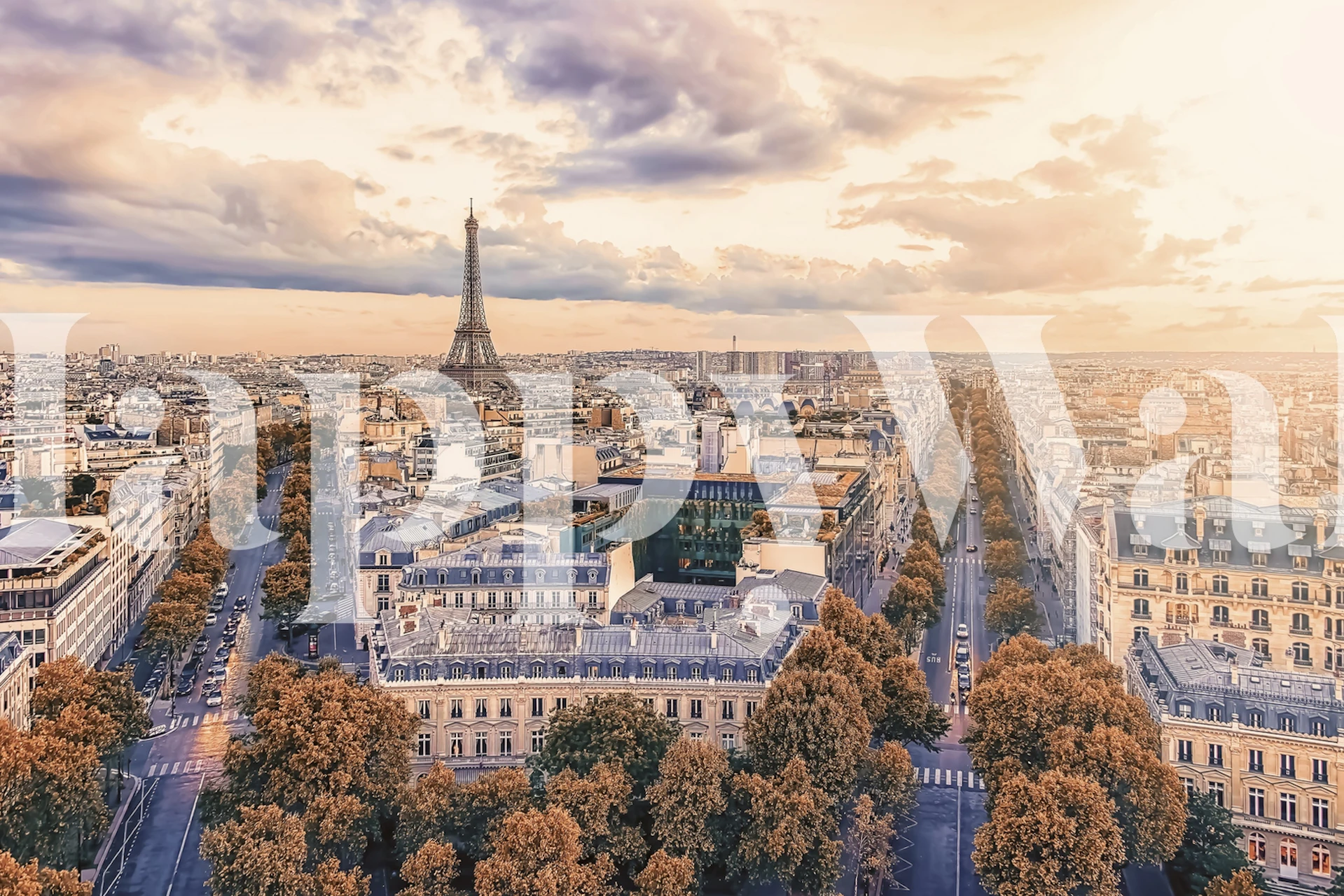 Cityscape of Paris at sunset with Eiffel Tower, orange and blue tones, photographic wallpaper