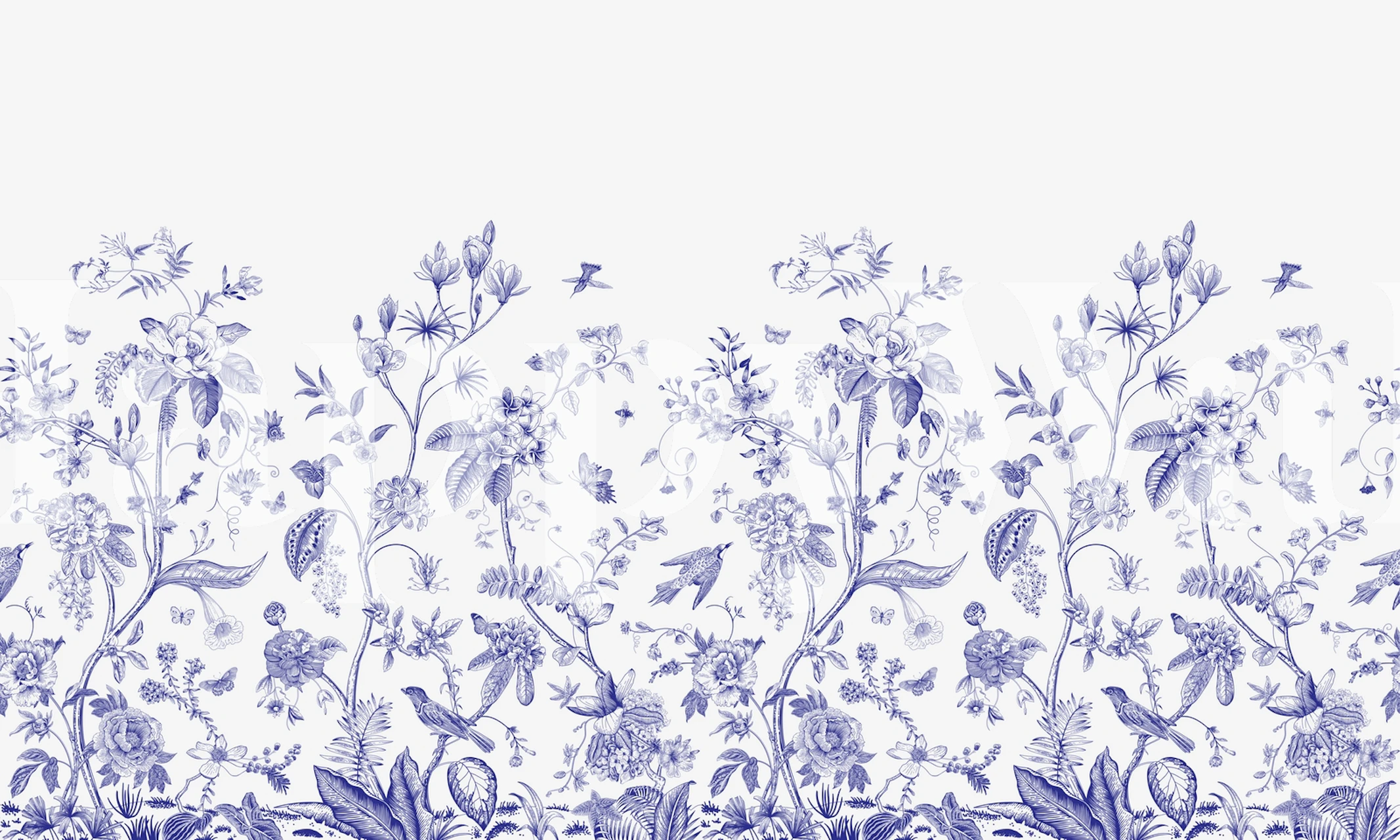 Blue floral chinoiserie wallpaper with plants and birds
