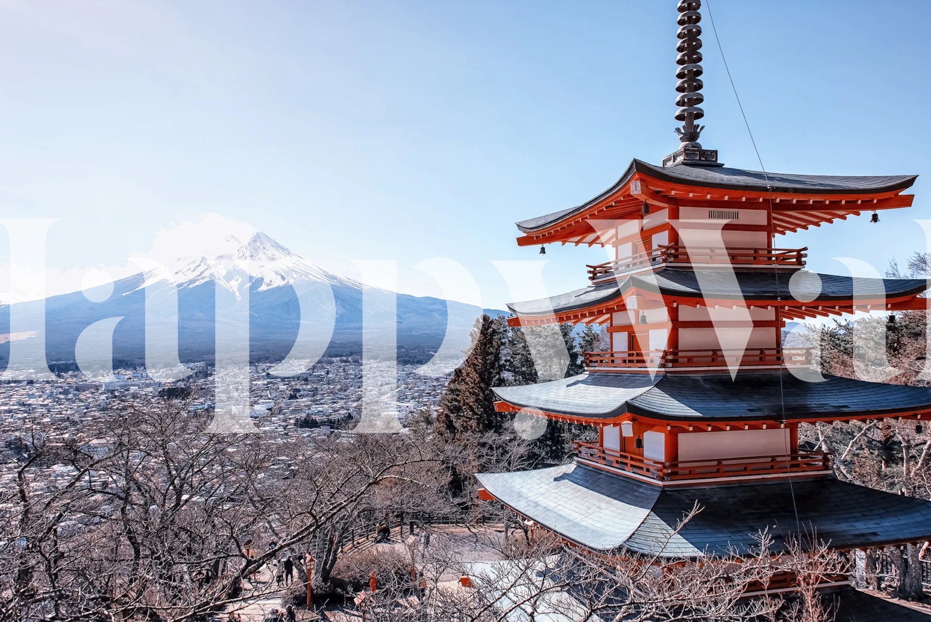 Mount Fuji and pagoda structure with blue sky wallpaper