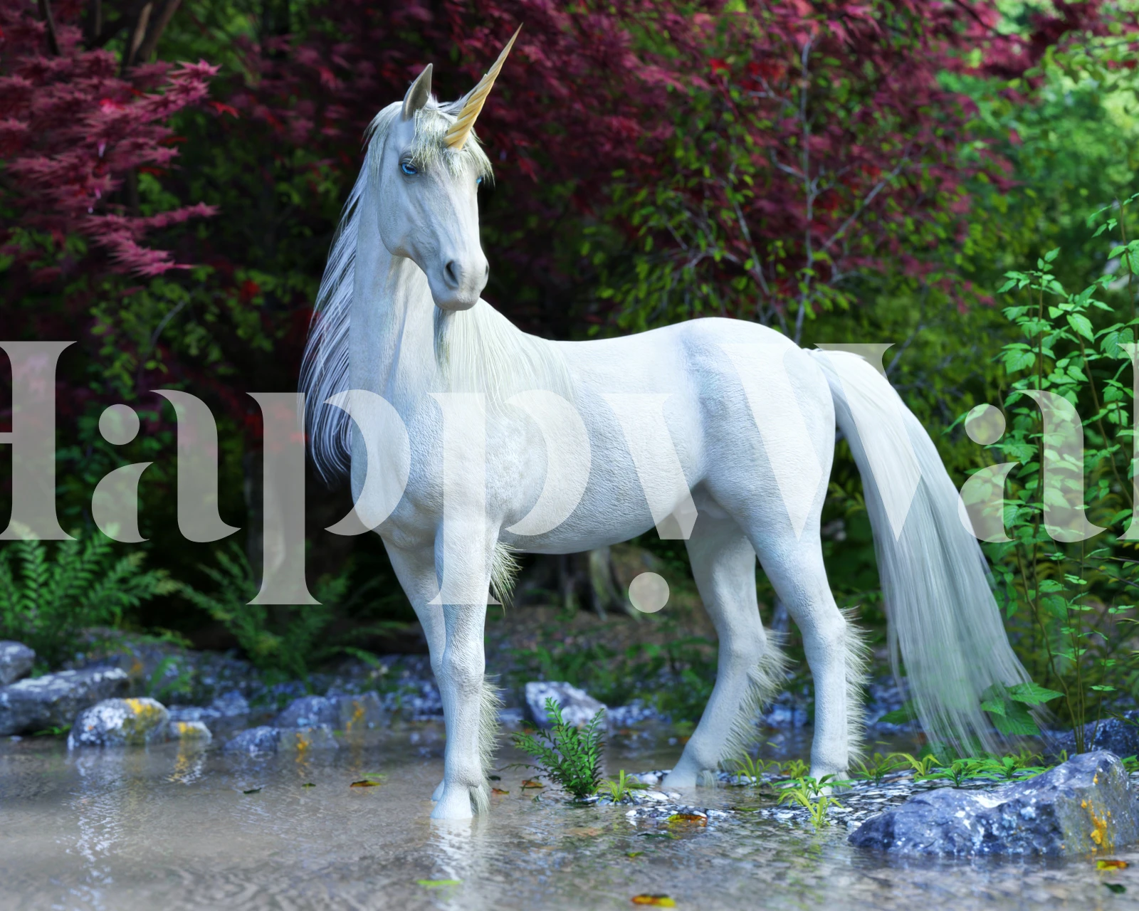 White unicorn standing in a lush green forest wallpaper